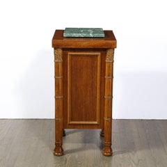 Art Deco Hand Rubbed Oak Pedestal with Exotic Green Rotating Marble Top