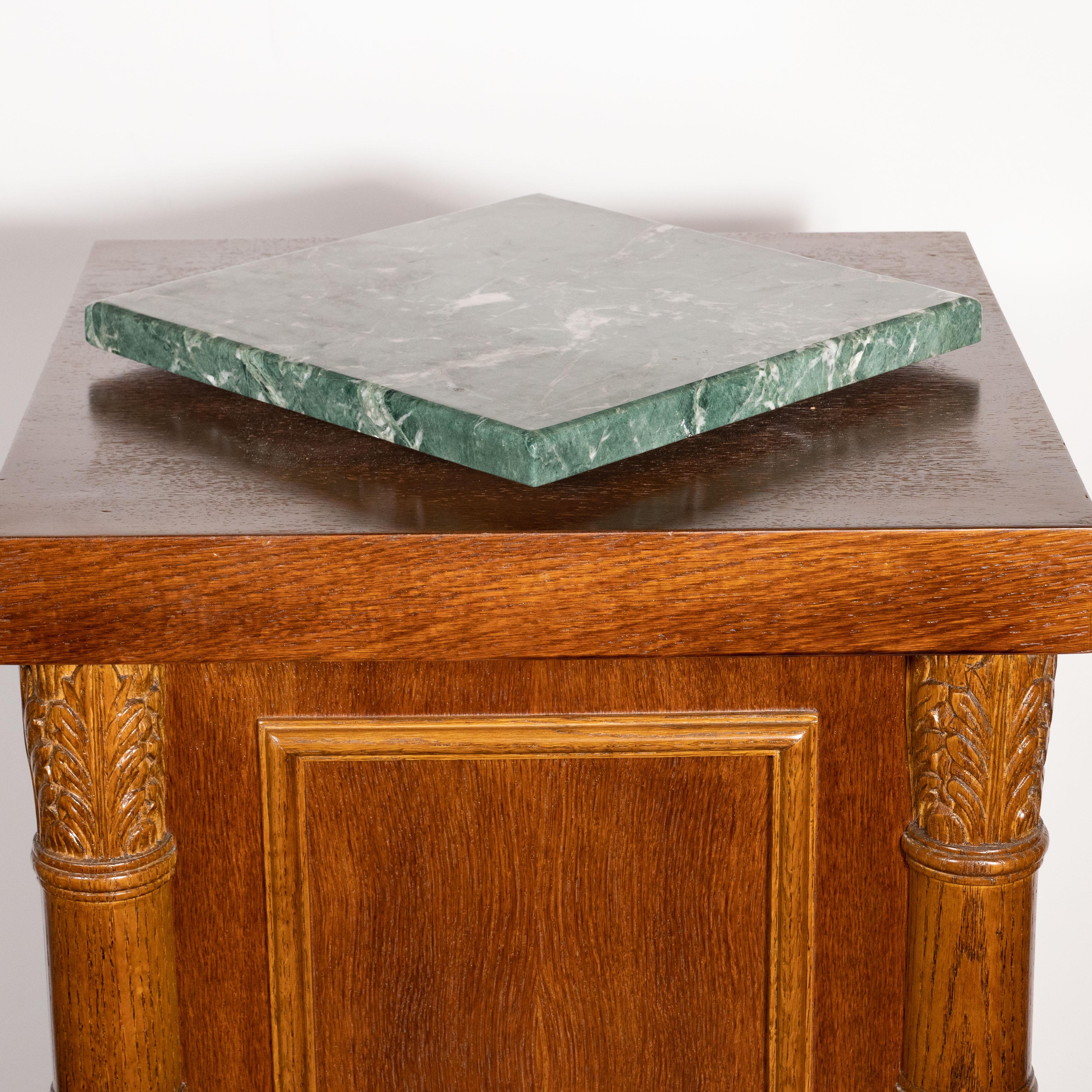 American Art Deco Hand Rubbed Oak Pedestal with Exotic Green Rotating Marble Top For Sale