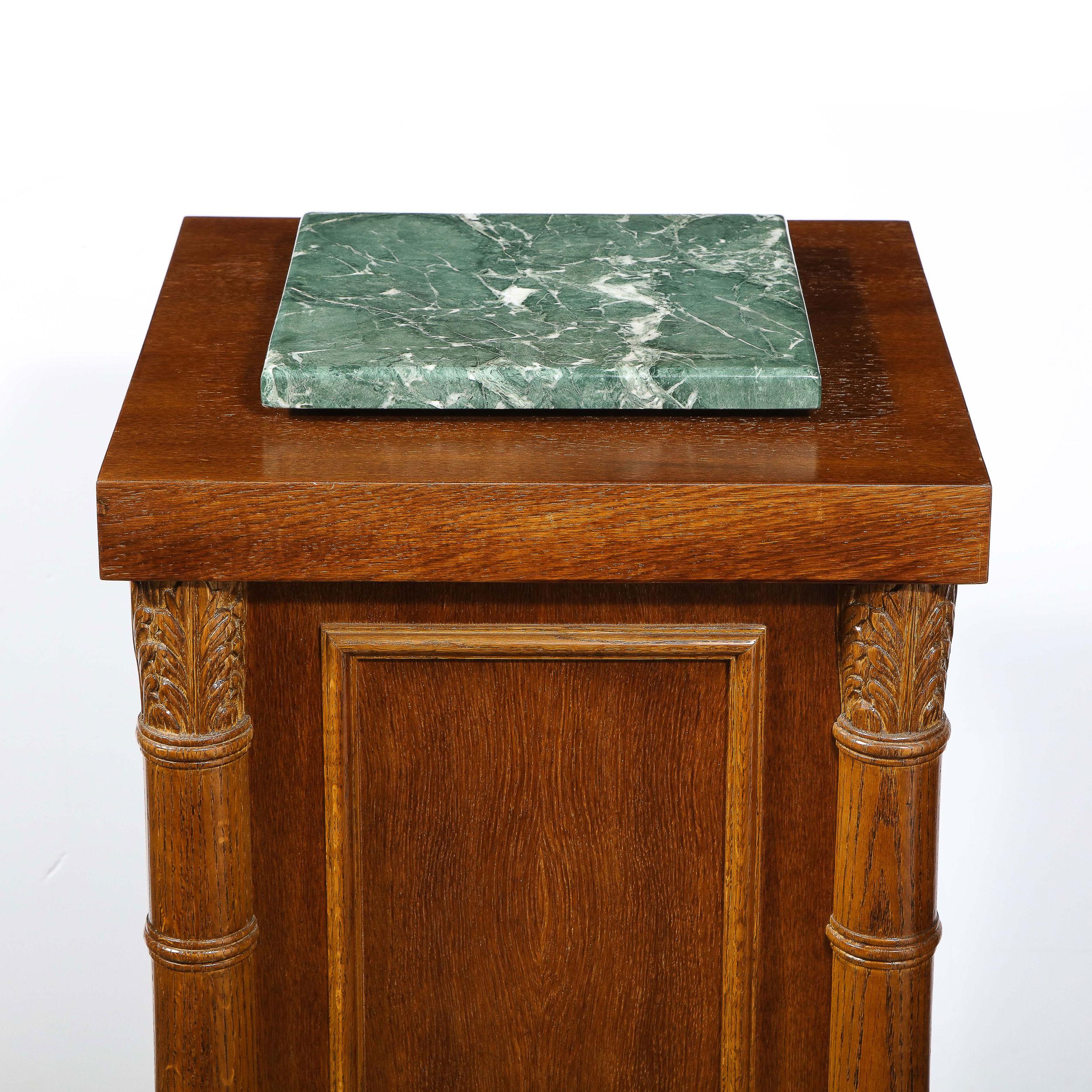 American Art Deco Hand Rubbed Oak Pedestal with Exotic Green Rotating Marble Top For Sale