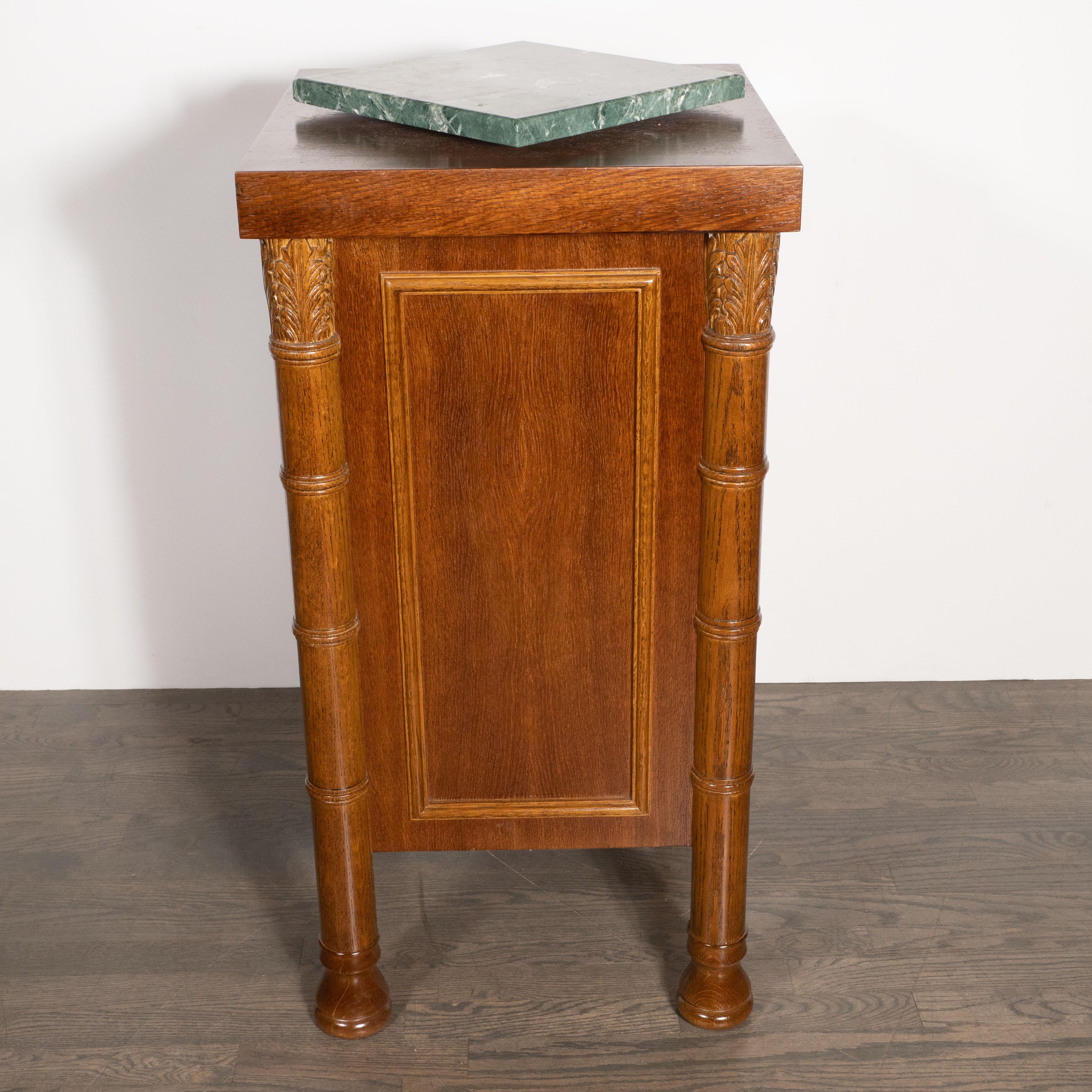 Art Deco Hand Rubbed Oak Pedestal with Exotic Green Rotating Marble Top In Excellent Condition For Sale In New York, NY