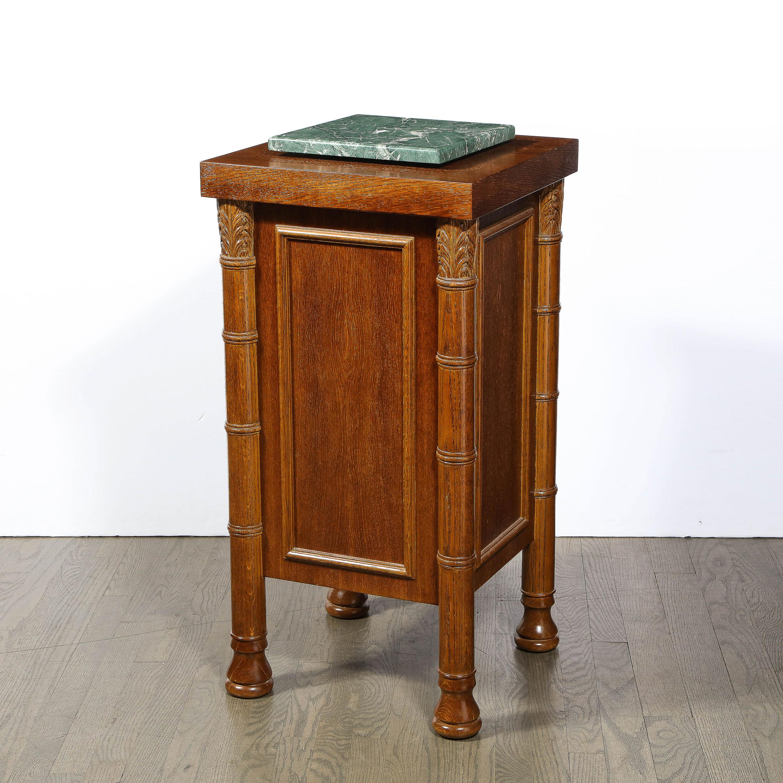 Mid-20th Century Art Deco Hand Rubbed Oak Pedestal with Exotic Green Rotating Marble Top For Sale
