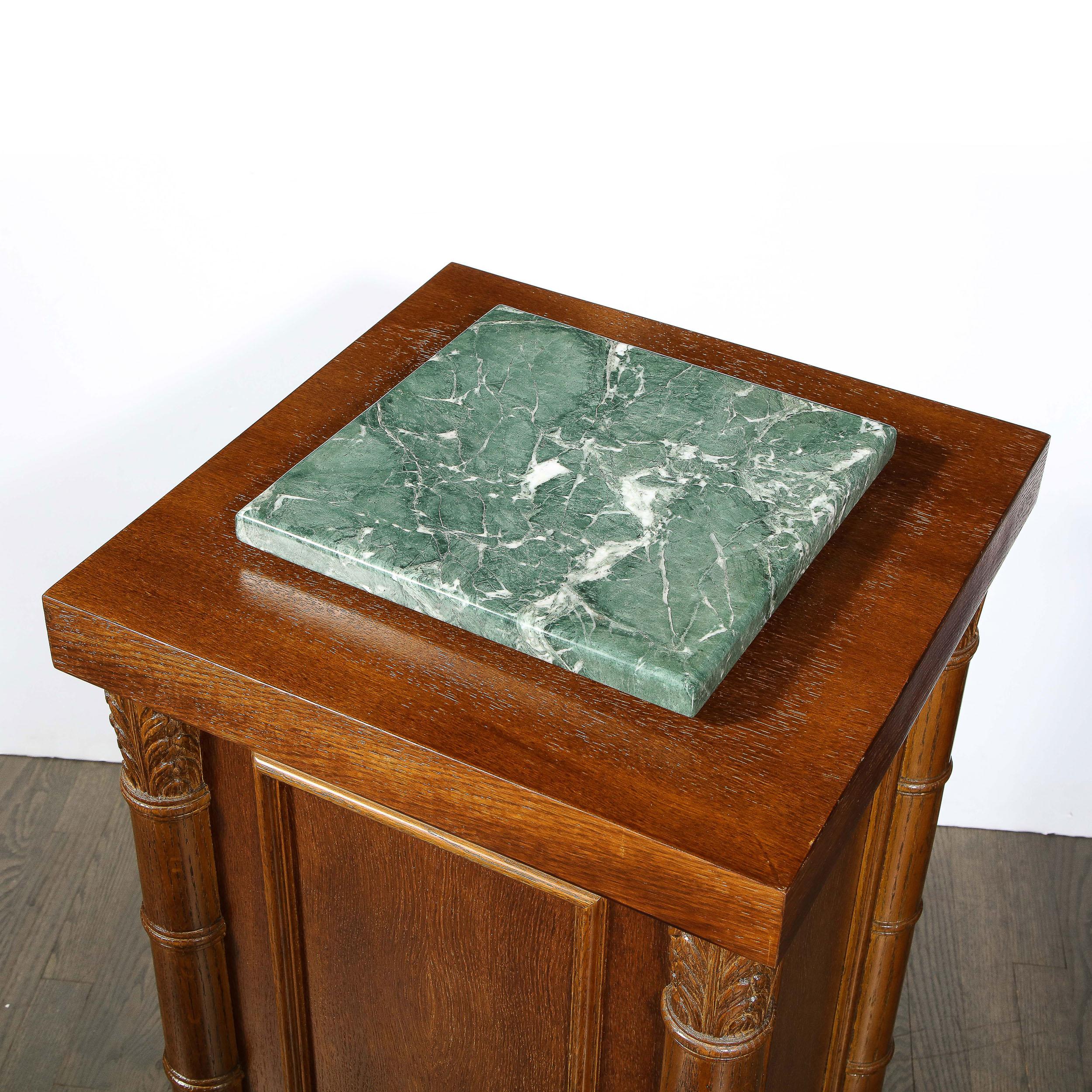 Art Deco Hand Rubbed Oak Pedestal with Exotic Green Rotating Marble Top For Sale 1