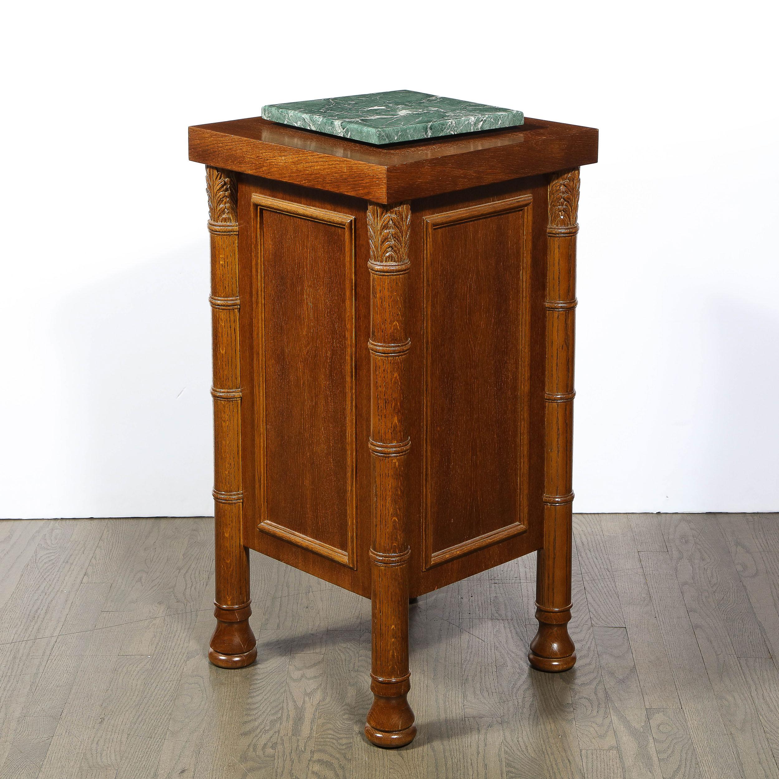 Art Deco Hand Rubbed Oak Pedestal with Exotic Green Rotating Marble Top For Sale 3