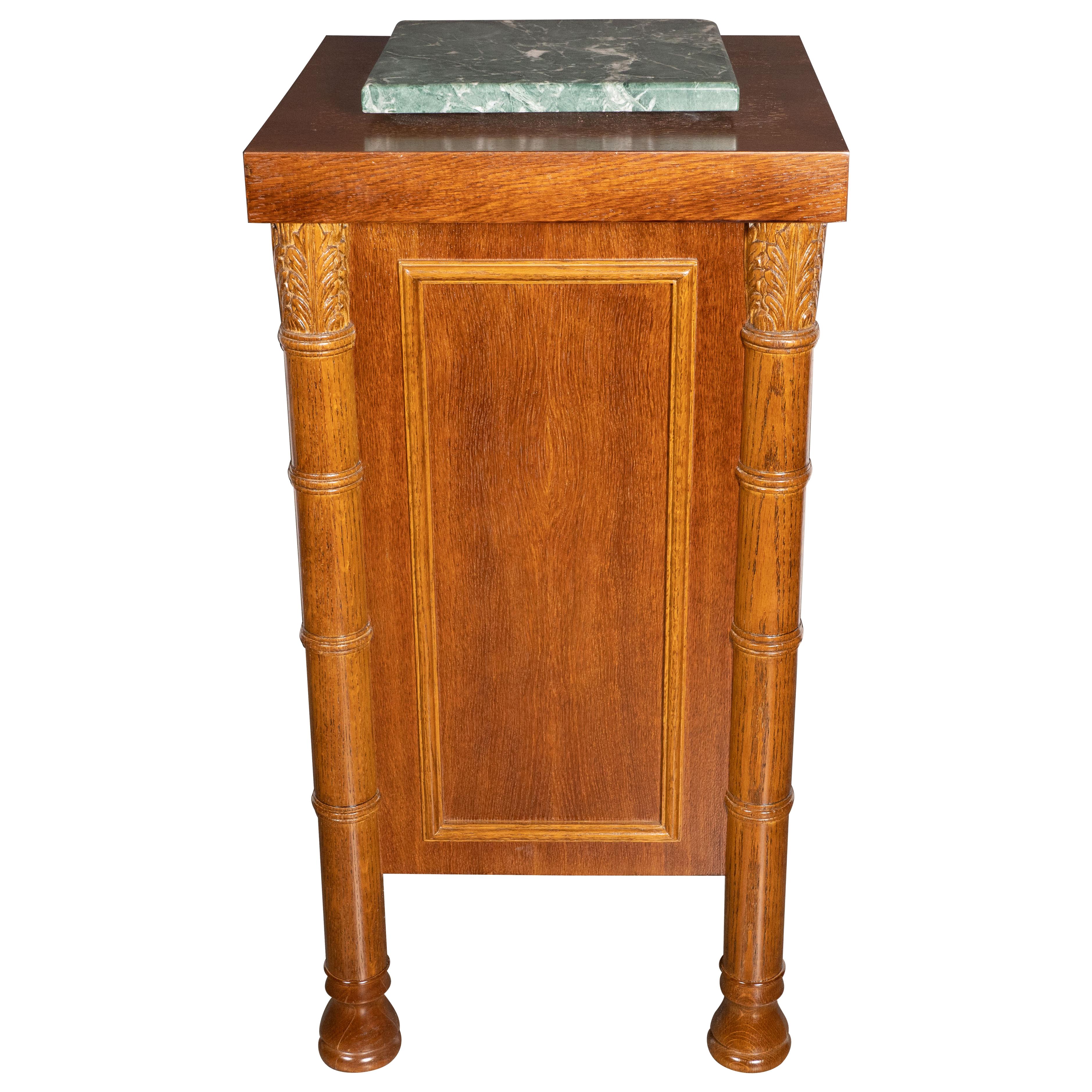 Art Deco Hand Rubbed Oak Pedestal with Exotic Green Rotating Marble Top For Sale
