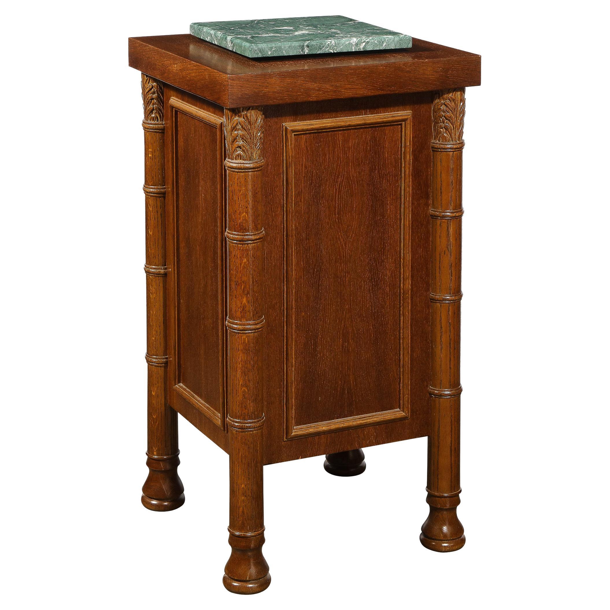 Art Deco Hand Rubbed Oak Pedestal with Exotic Green Rotating Marble Top For Sale