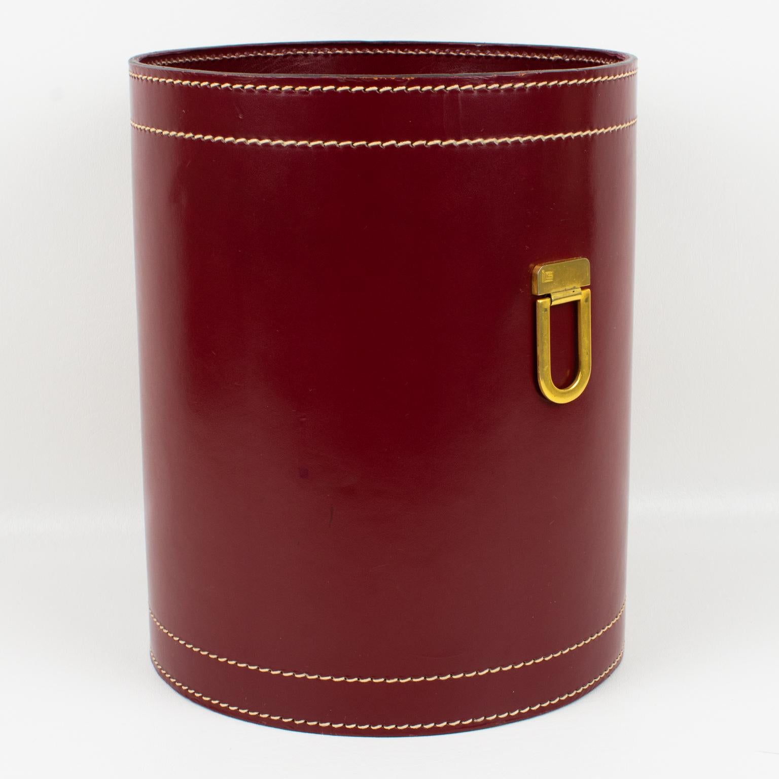 Art Deco Hand-Stitched Red Leather Desk Office Paper Waste Basket 4