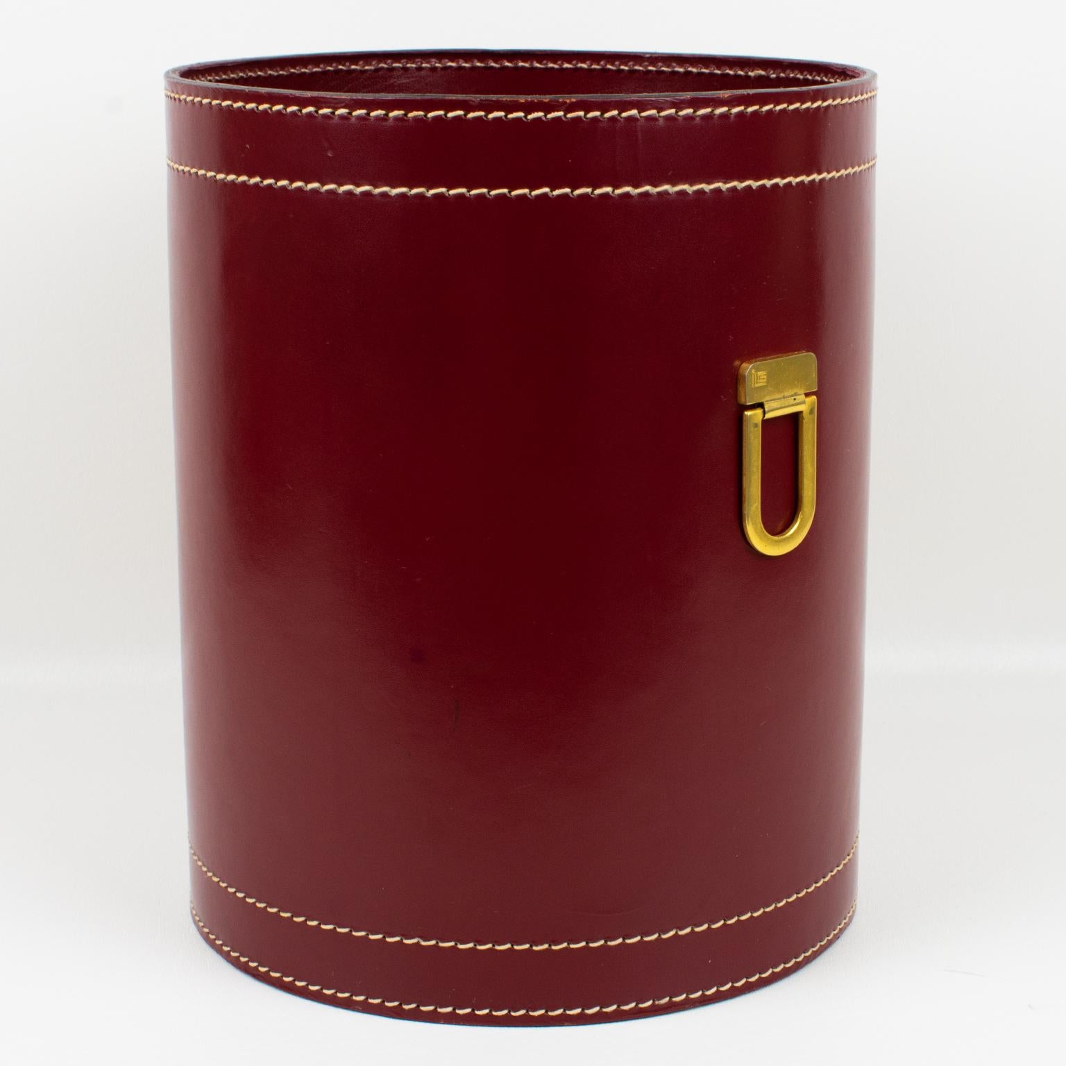 Belgian Art Deco Hand-Stitched Red Leather Desk Office Paper Waste Basket