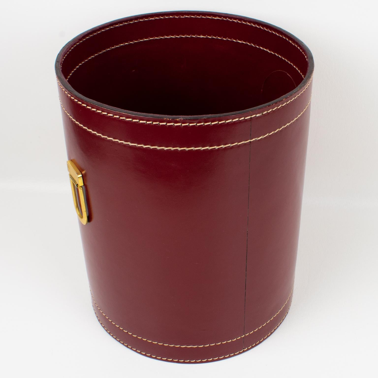 Art Deco Hand-Stitched Red Leather Desk Office Paper Waste Basket 3