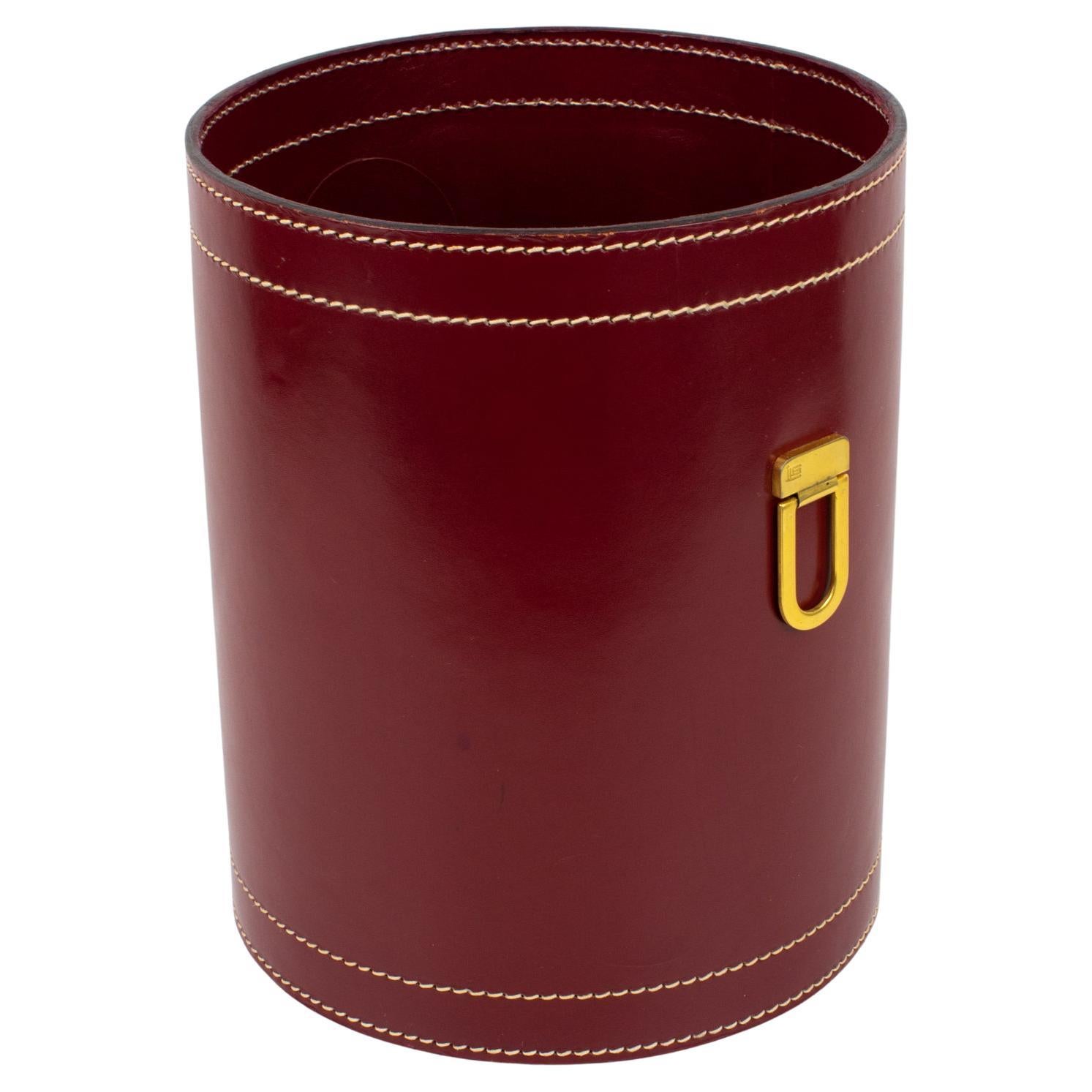 Art Deco Hand-Stitched Red Leather Desk Office Paper Waste Basket