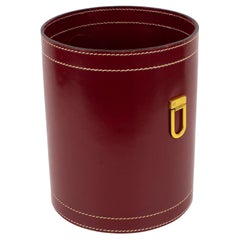 Art Deco Hand-Stitched Red Leather Desk Office Paper Waste Basket