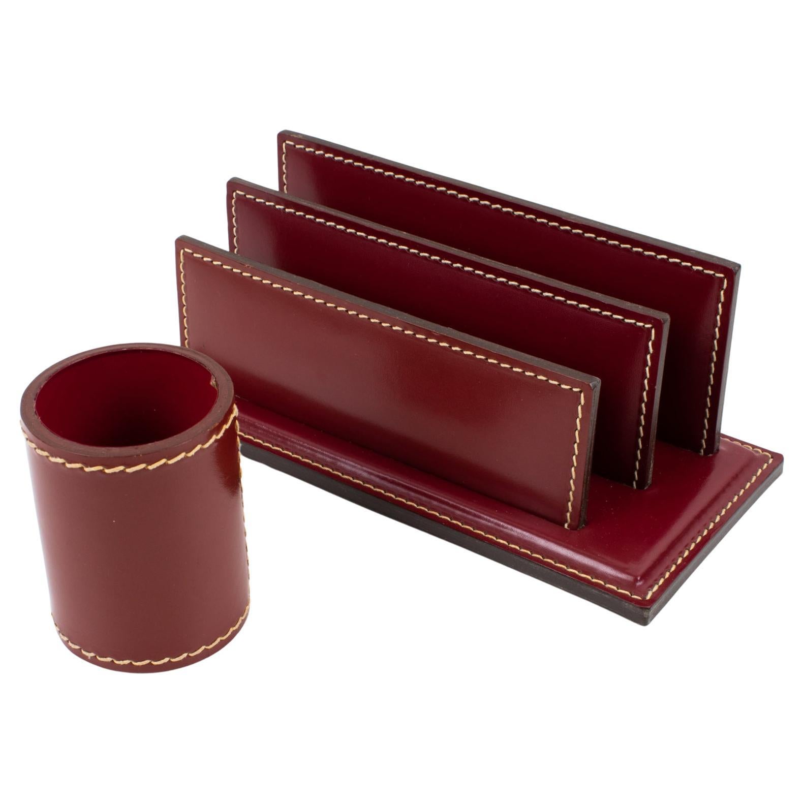 Art Deco HandStitched Red Leather Desk Set Letter and Pen Holders For Sale at 1stDibs
