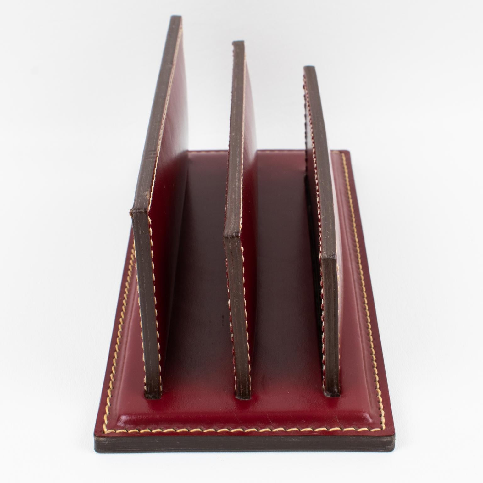 Art Deco Hand-Stitched Red Leather Desk Set Letter and Pen Holders For Sale 5