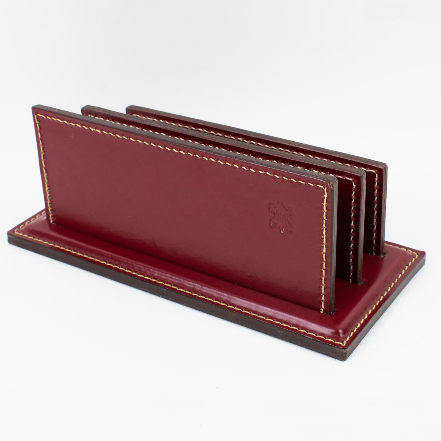 Art Deco Hand-Stitched Red Leather Desk Set Letter and Pen Holders For Sale 6