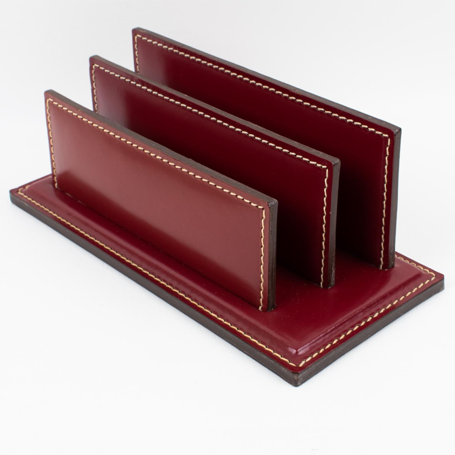 Art Deco Hand-Stitched Red Leather Desk Set Letter and Pen Holders For Sale 7
