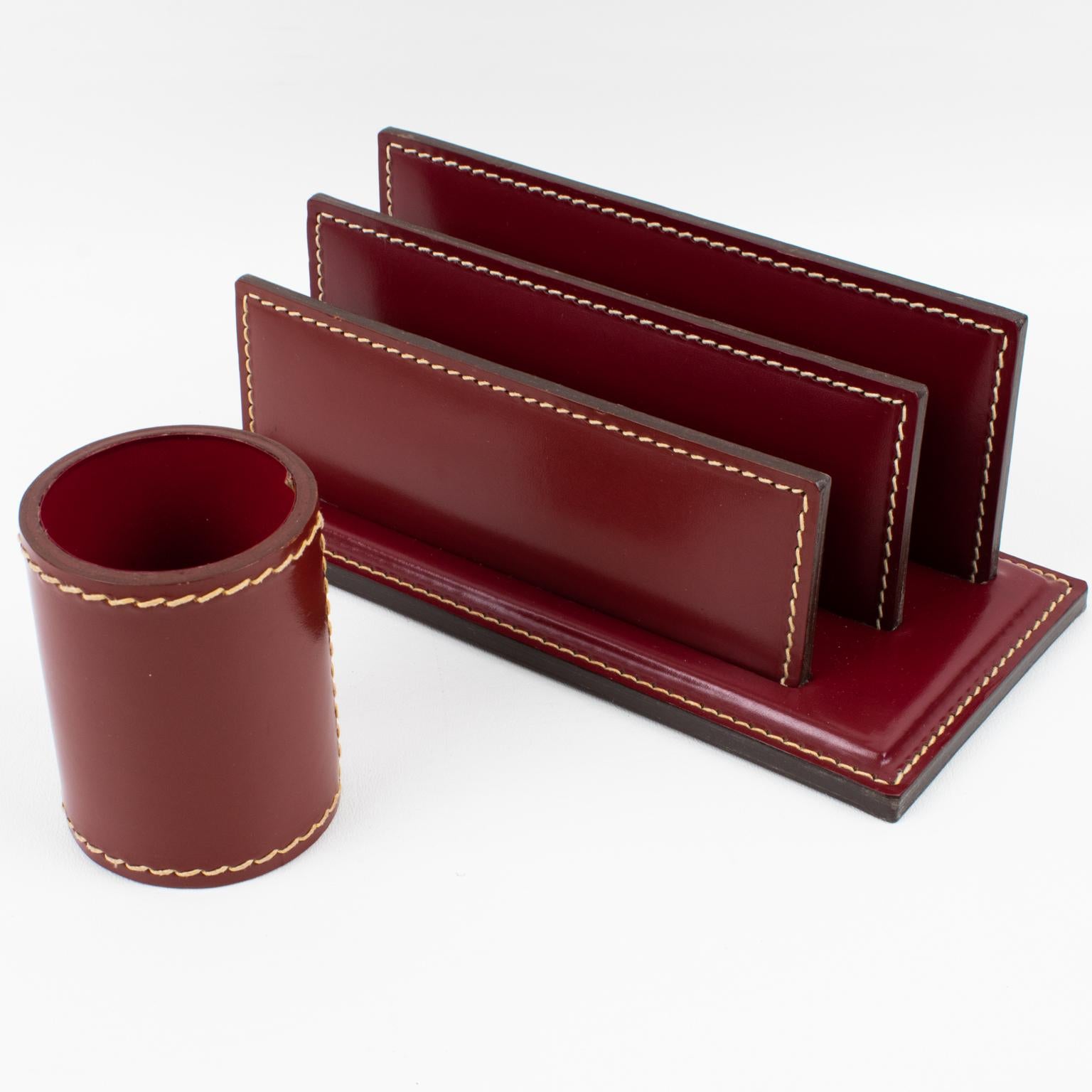 Art Deco Hand-Stitched Red Leather Desk Set Letter and Pen Holders In Excellent Condition For Sale In Atlanta, GA