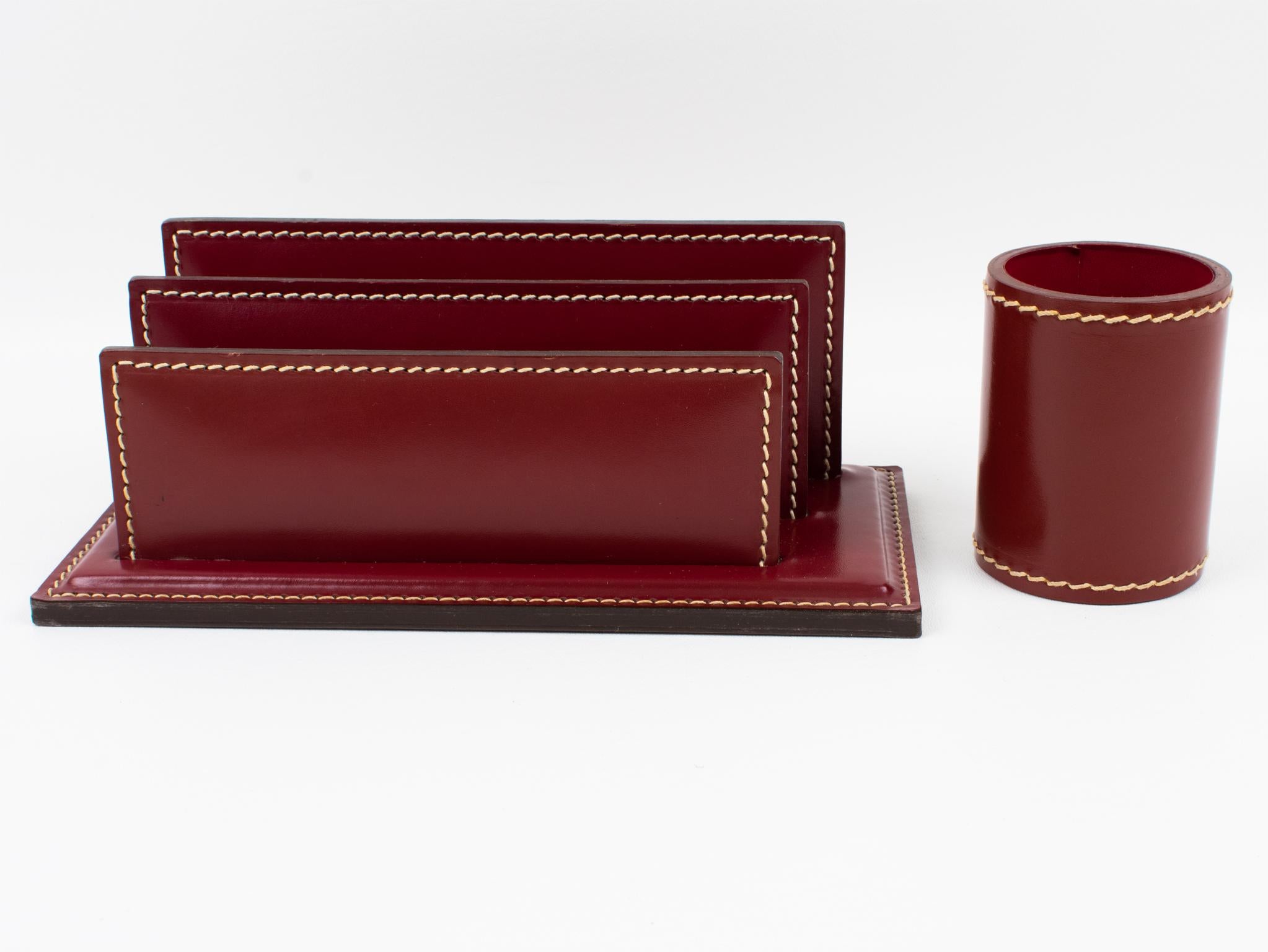 Mid-20th Century Art Deco Hand-Stitched Red Leather Desk Set Letter and Pen Holders For Sale