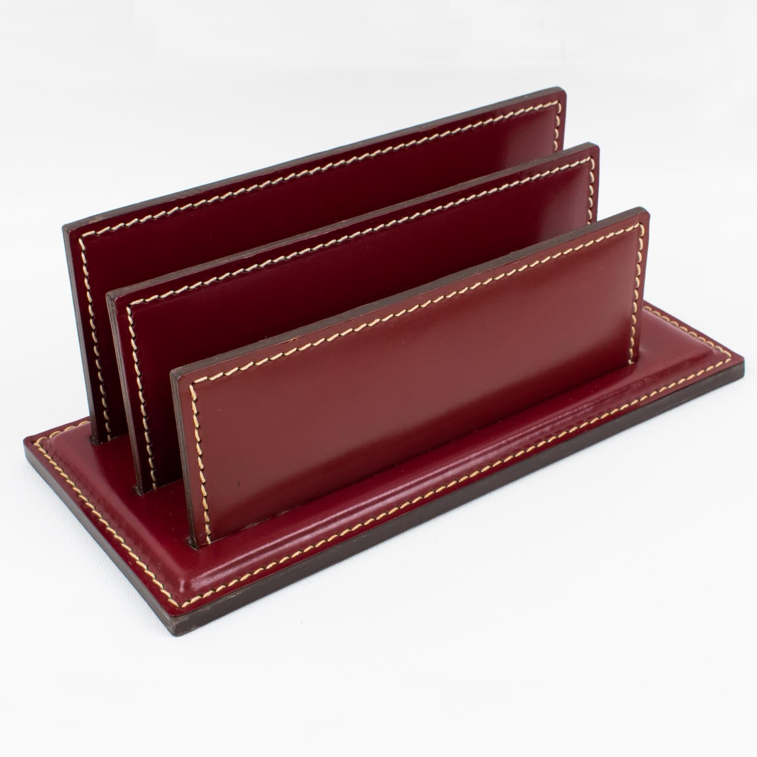 Art Deco Hand-Stitched Red Leather Desk Set Letter and Pen Holders For Sale 4