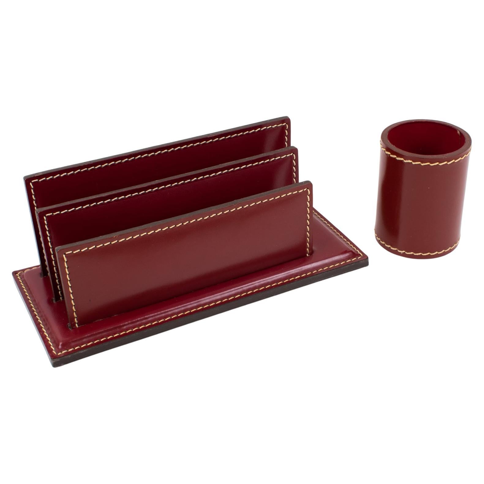 Art Deco Hand-Stitched Red Leather Desk Set Letter and Pen Holders For Sale