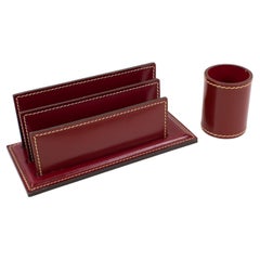 Used Art Deco Hand-Stitched Red Leather Desk Set Letter and Pen Holders