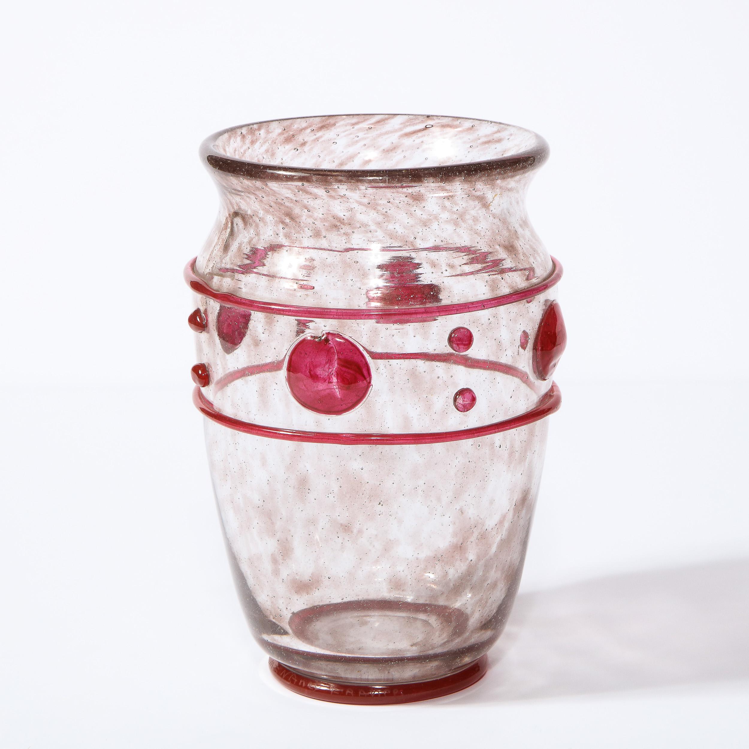 Art Deco Handblown Glass Vase w/ Banded & Circular Garnet Detailing by Daum 4