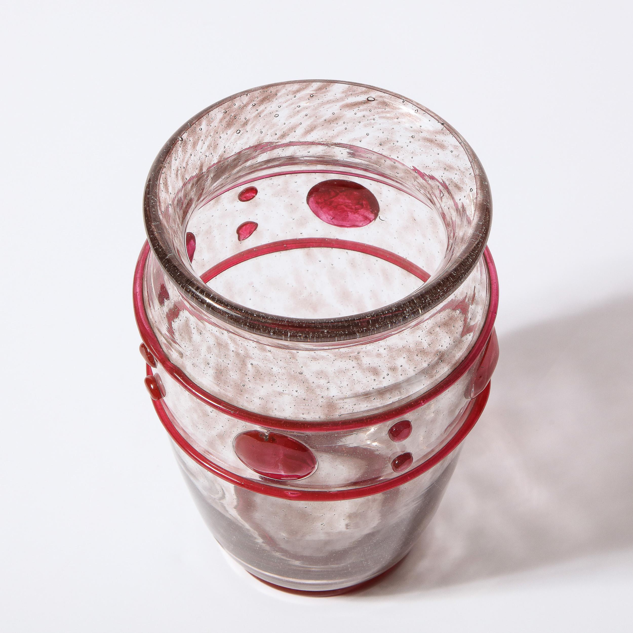 Art Deco Handblown Glass Vase w/ Banded & Circular Garnet Detailing by Daum 5