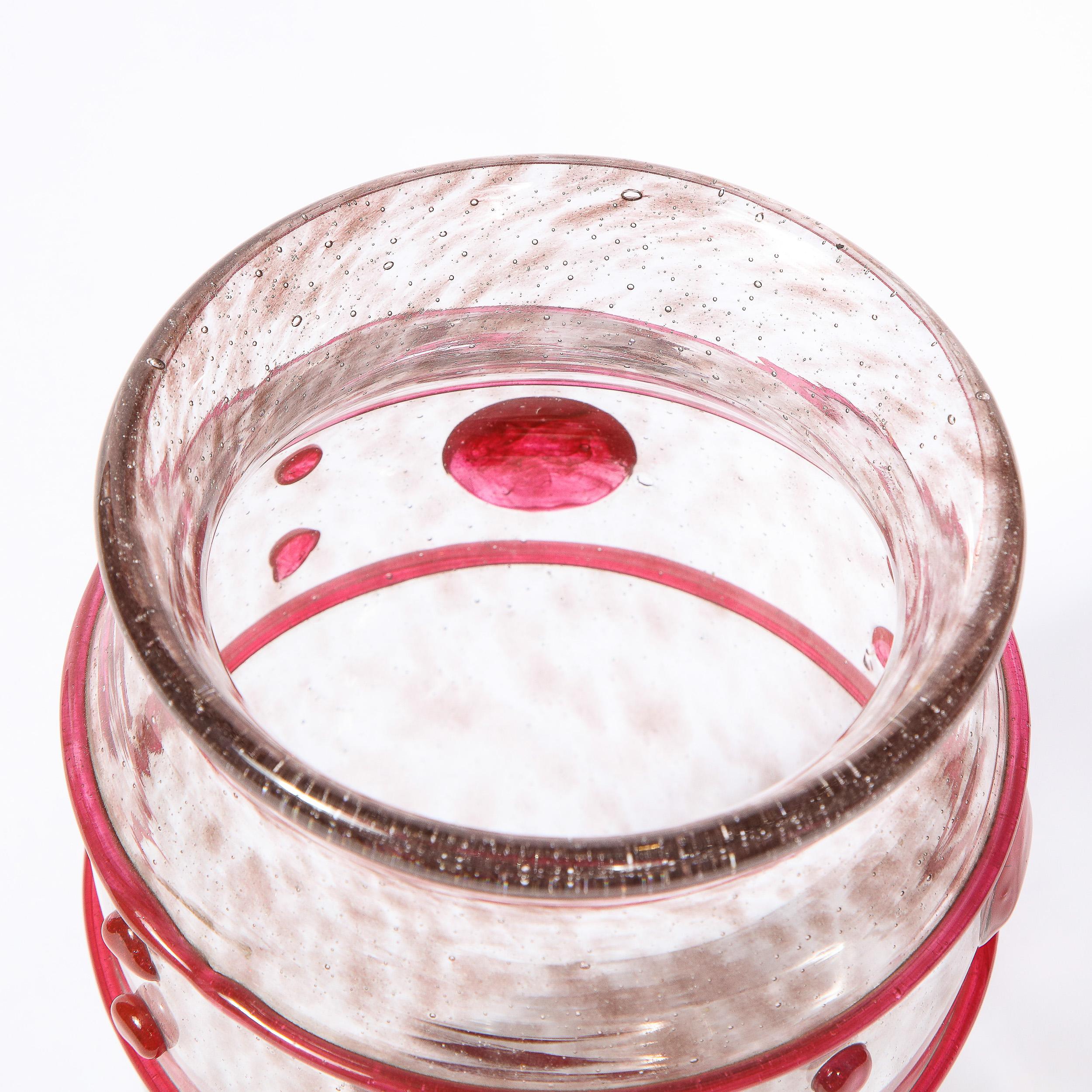 Art Deco Handblown Glass Vase w/ Banded & Circular Garnet Detailing by Daum 6