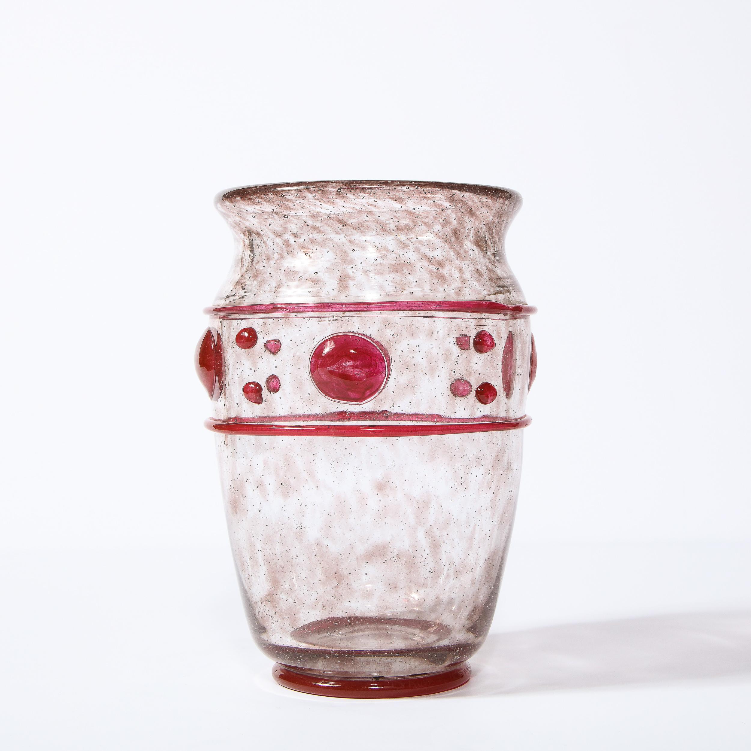 Early 20th Century Art Deco Handblown Glass Vase w/ Banded & Circular Garnet Detailing by Daum