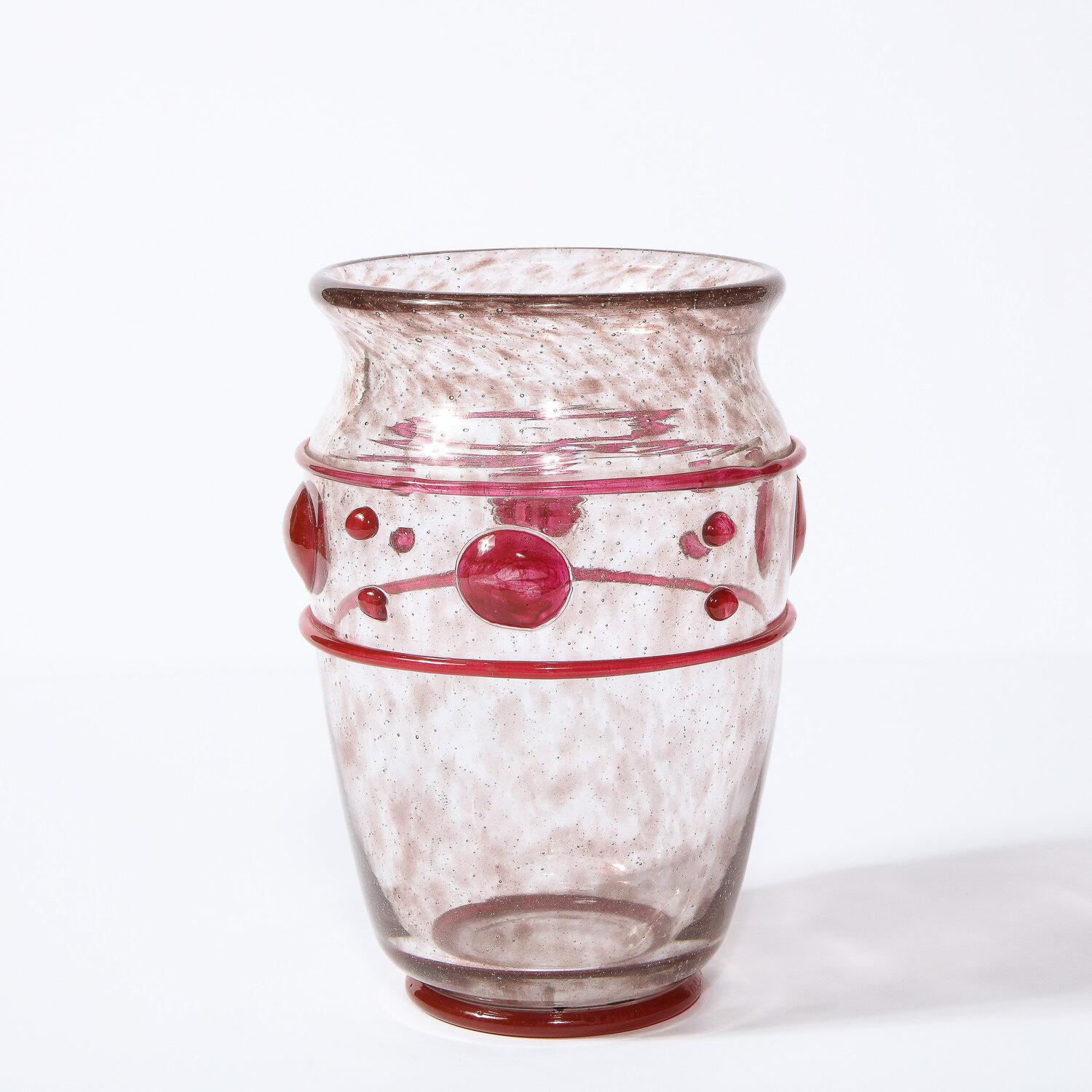 Art Glass Art Deco Handblown Glass Vase w/ Banded & Circular Garnet Detailing by Daum