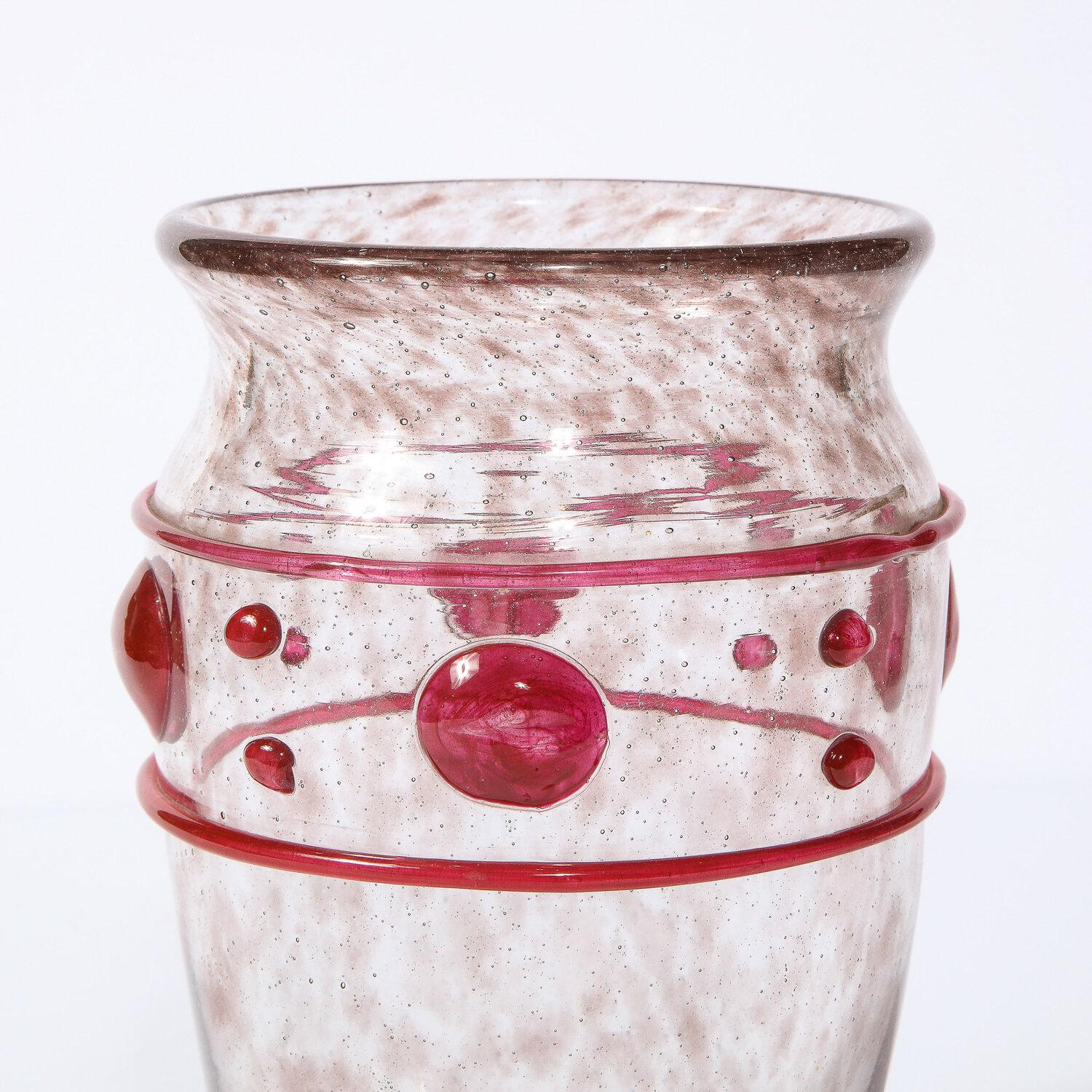 Art Deco Handblown Glass Vase w/ Banded & Circular Garnet Detailing by Daum 1