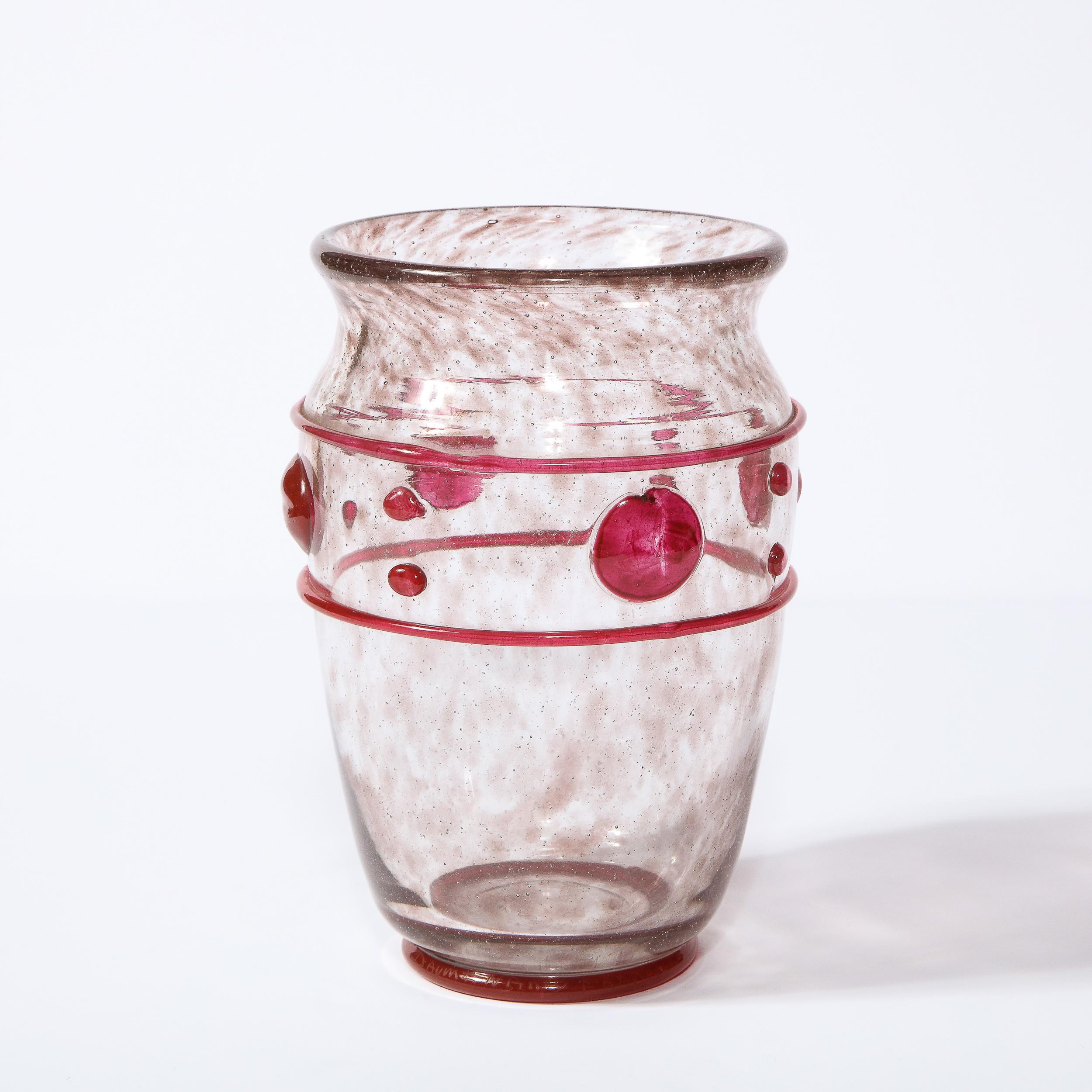 Art Deco Handblown Glass Vase w/ Banded & Circular Garnet Detailing by Daum 2