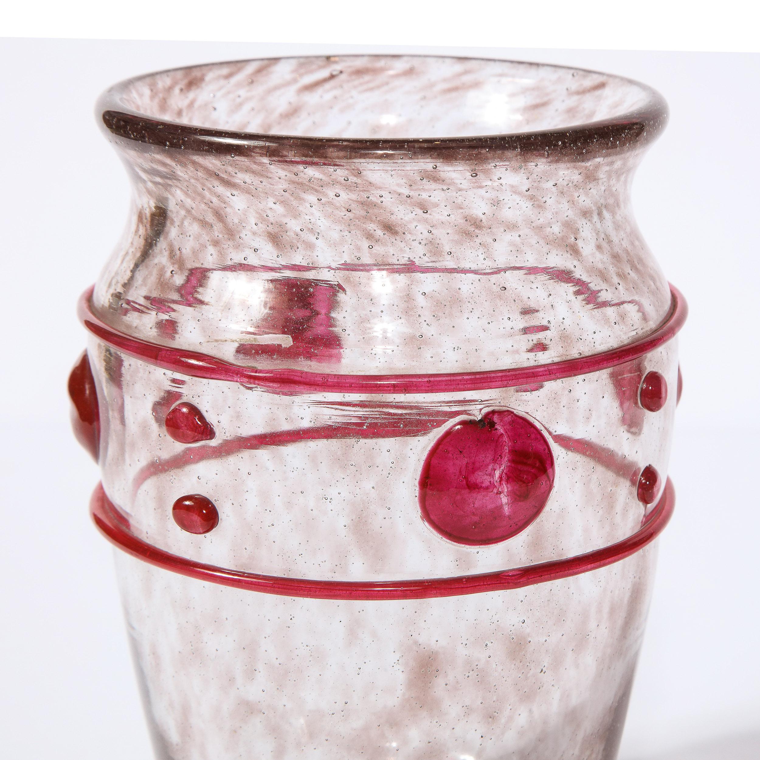 Art Deco Handblown Glass Vase w/ Banded & Circular Garnet Detailing by Daum 3