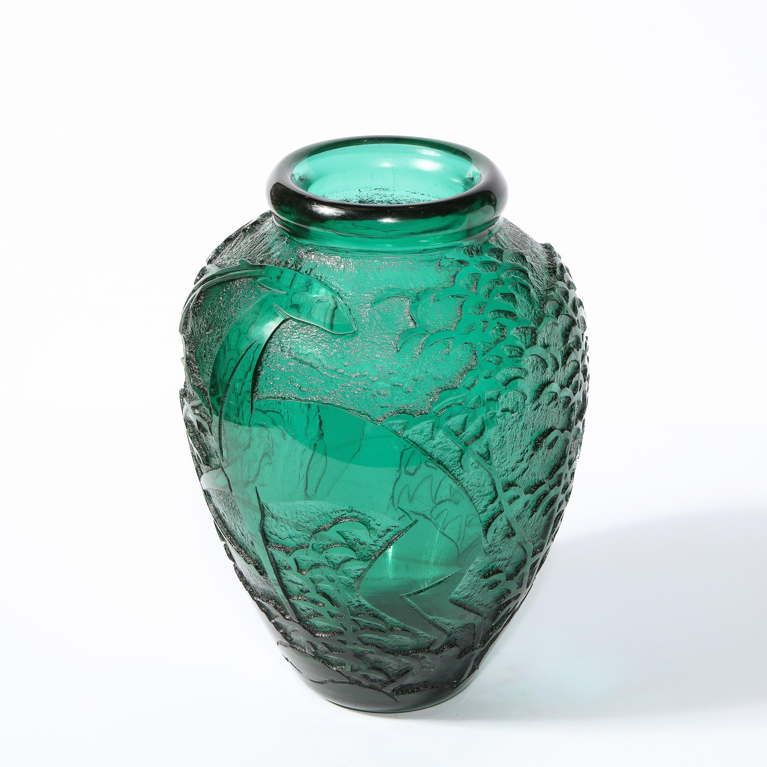 Art Deco Handblown Teal Vase w/ Stylized Ibis & Cloud Motifs Signed Daum Nancy 4