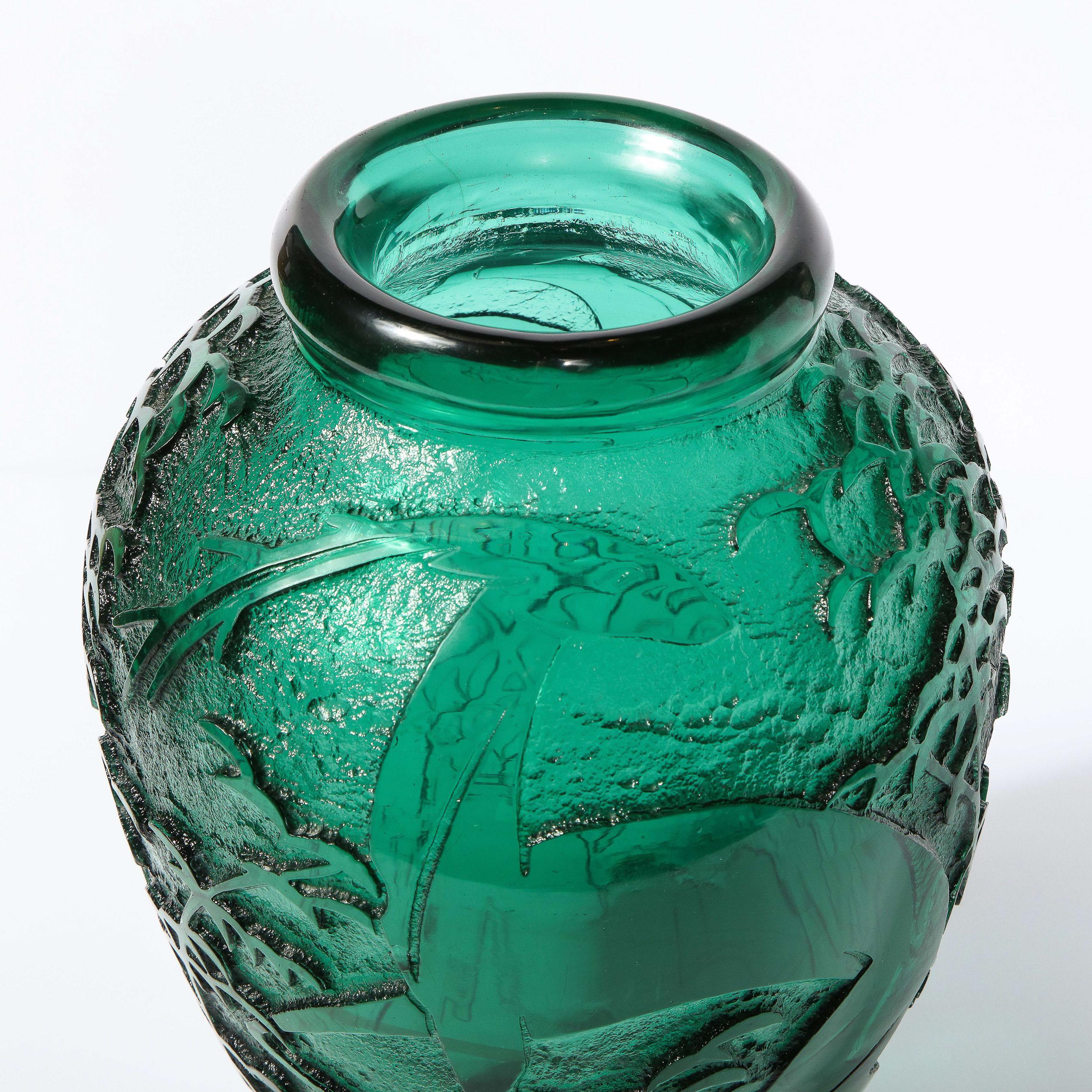Art Deco Handblown Teal Vase w/ Stylized Ibis & Cloud Motifs Signed Daum Nancy 5