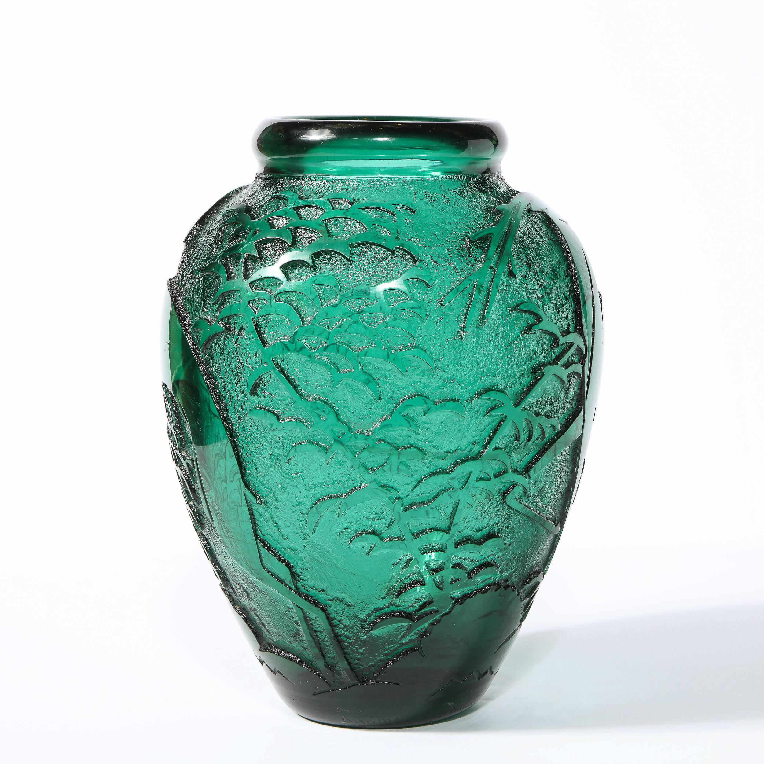 Art Deco Handblown Teal Vase w/ Stylized Ibis & Cloud Motifs Signed Daum Nancy 6