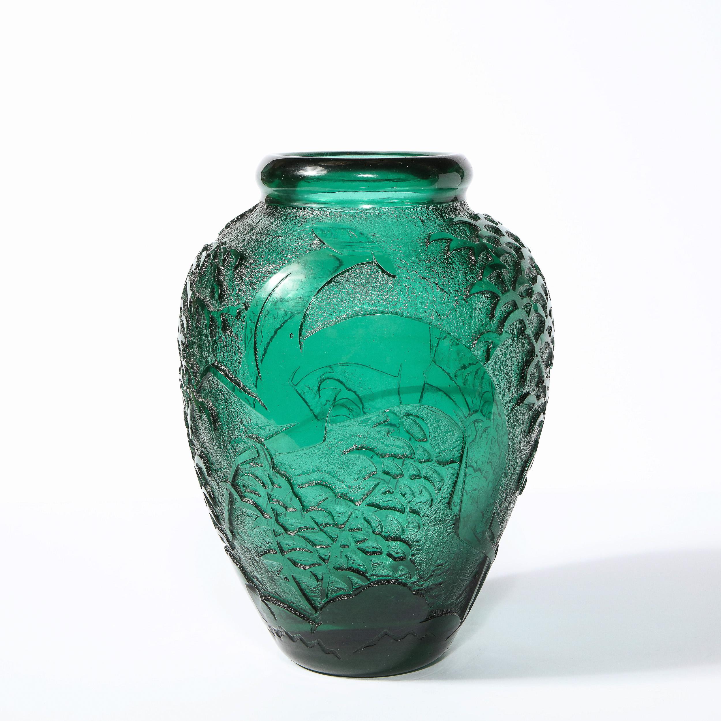 Art Deco Handblown Teal Vase w/ Stylized Ibis & Cloud Motifs Signed Daum Nancy 7