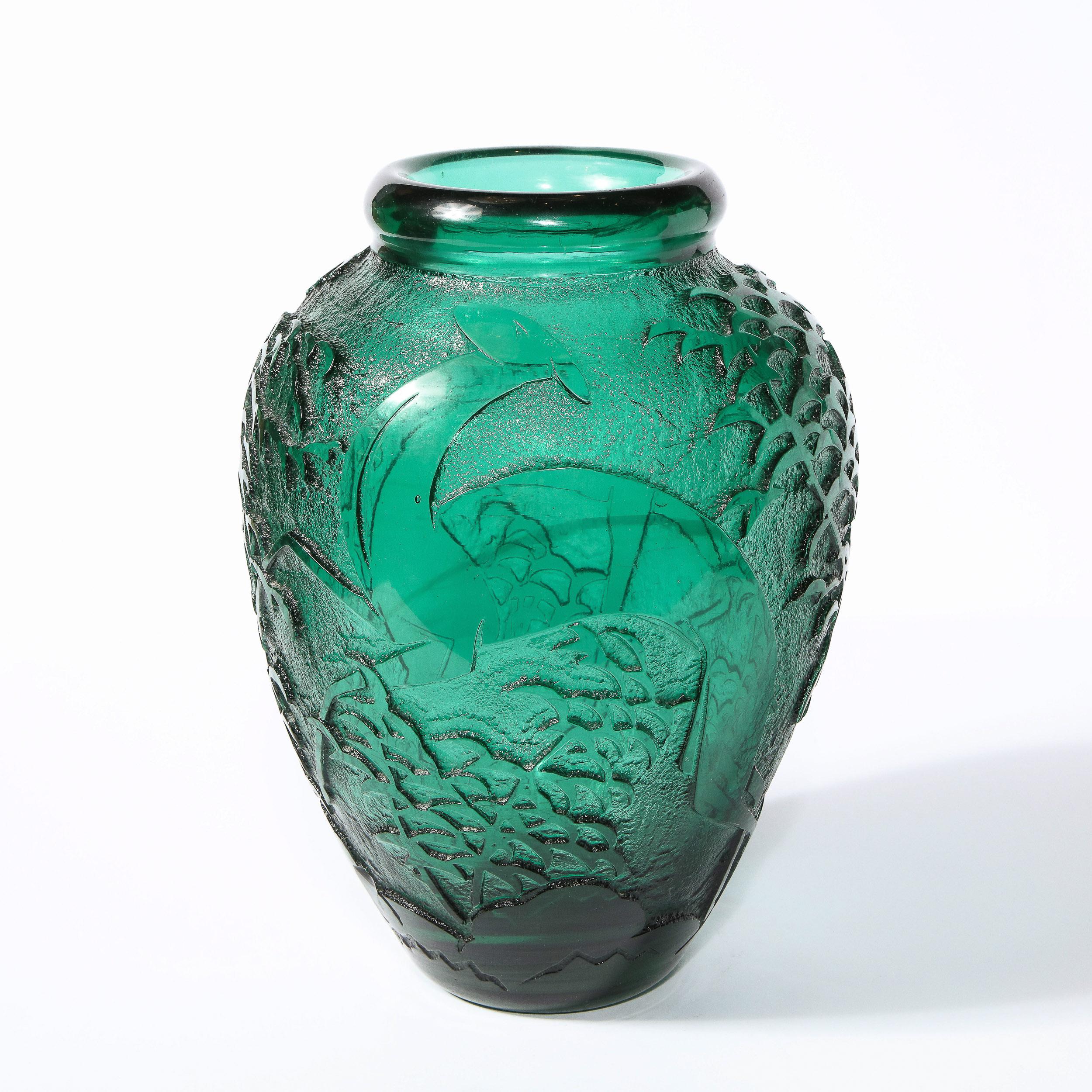 Art Deco Handblown Teal Vase w/ Stylized Ibis & Cloud Motifs Signed Daum Nancy 8