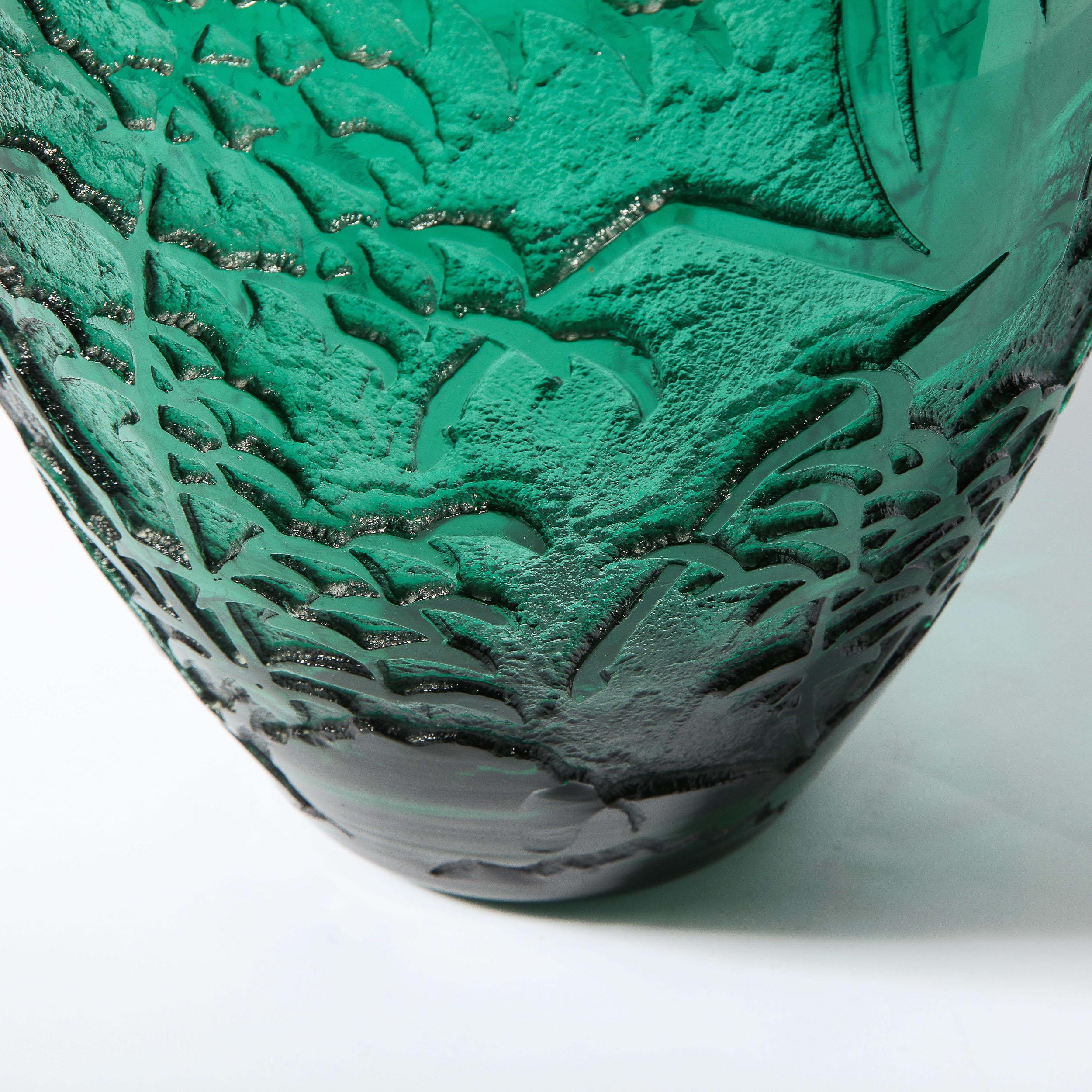 Art Deco Handblown Teal Vase w/ Stylized Ibis & Cloud Motifs Signed Daum Nancy 10
