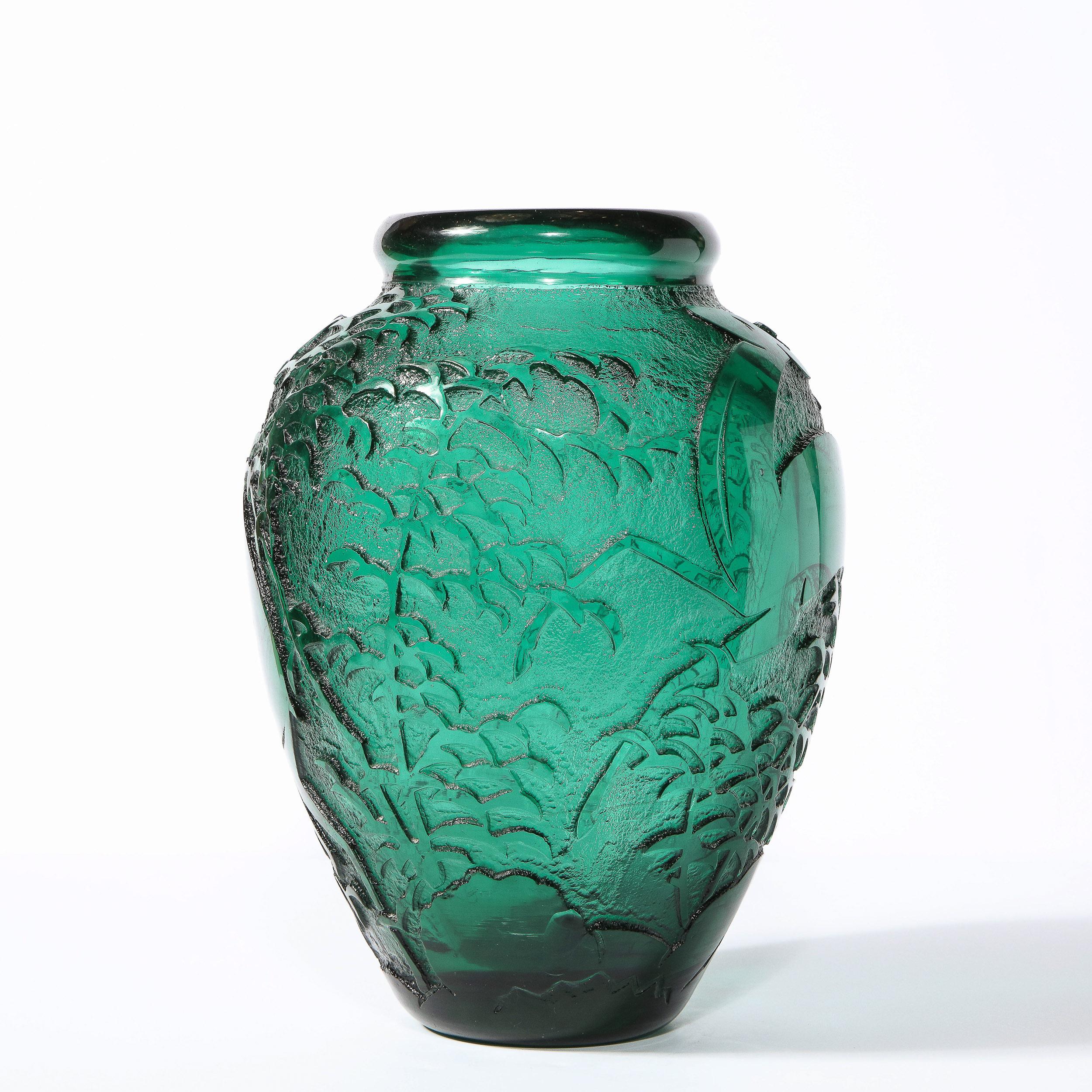 French Art Deco Handblown Teal Vase w/ Stylized Ibis & Cloud Motifs Signed Daum Nancy