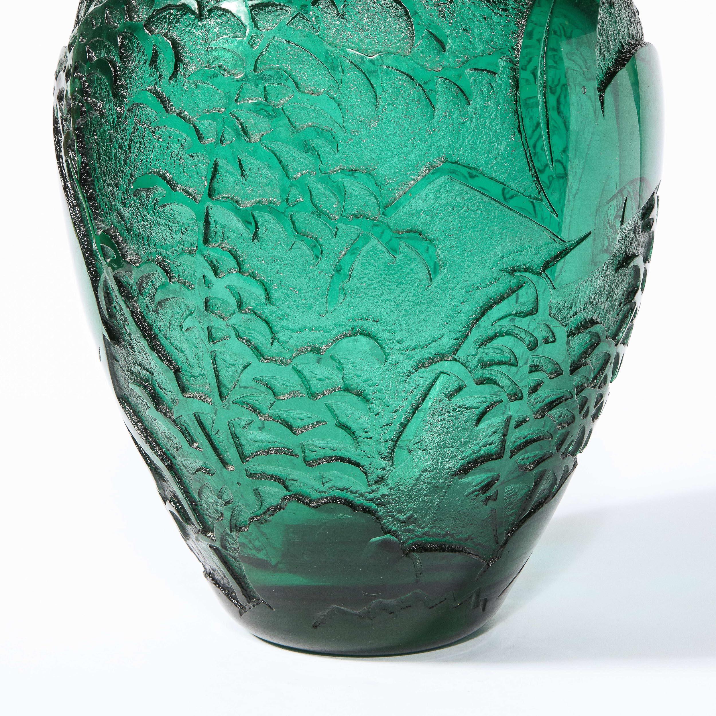 Early 20th Century Art Deco Handblown Teal Vase w/ Stylized Ibis & Cloud Motifs Signed Daum Nancy