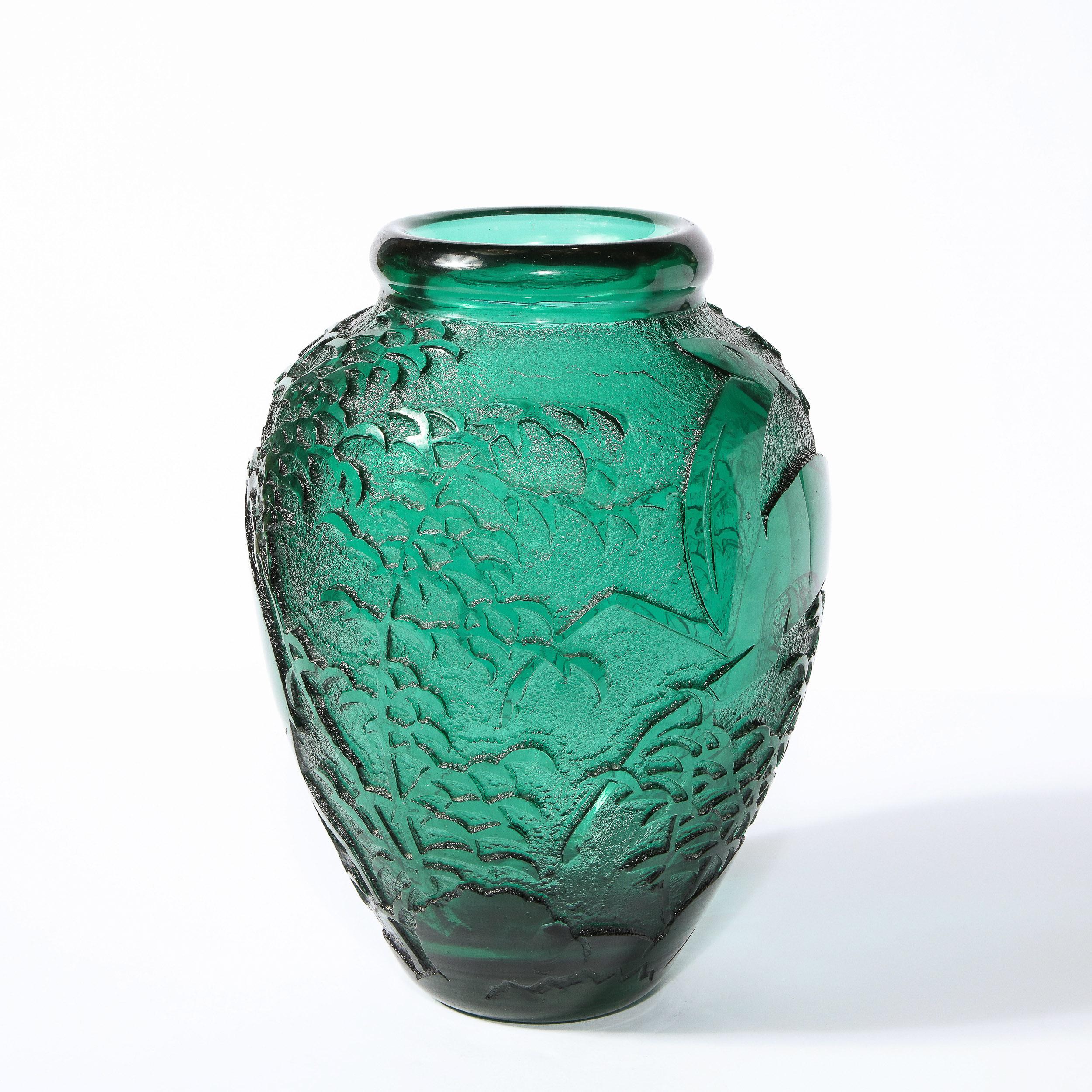 Art Glass Art Deco Handblown Teal Vase w/ Stylized Ibis & Cloud Motifs Signed Daum Nancy