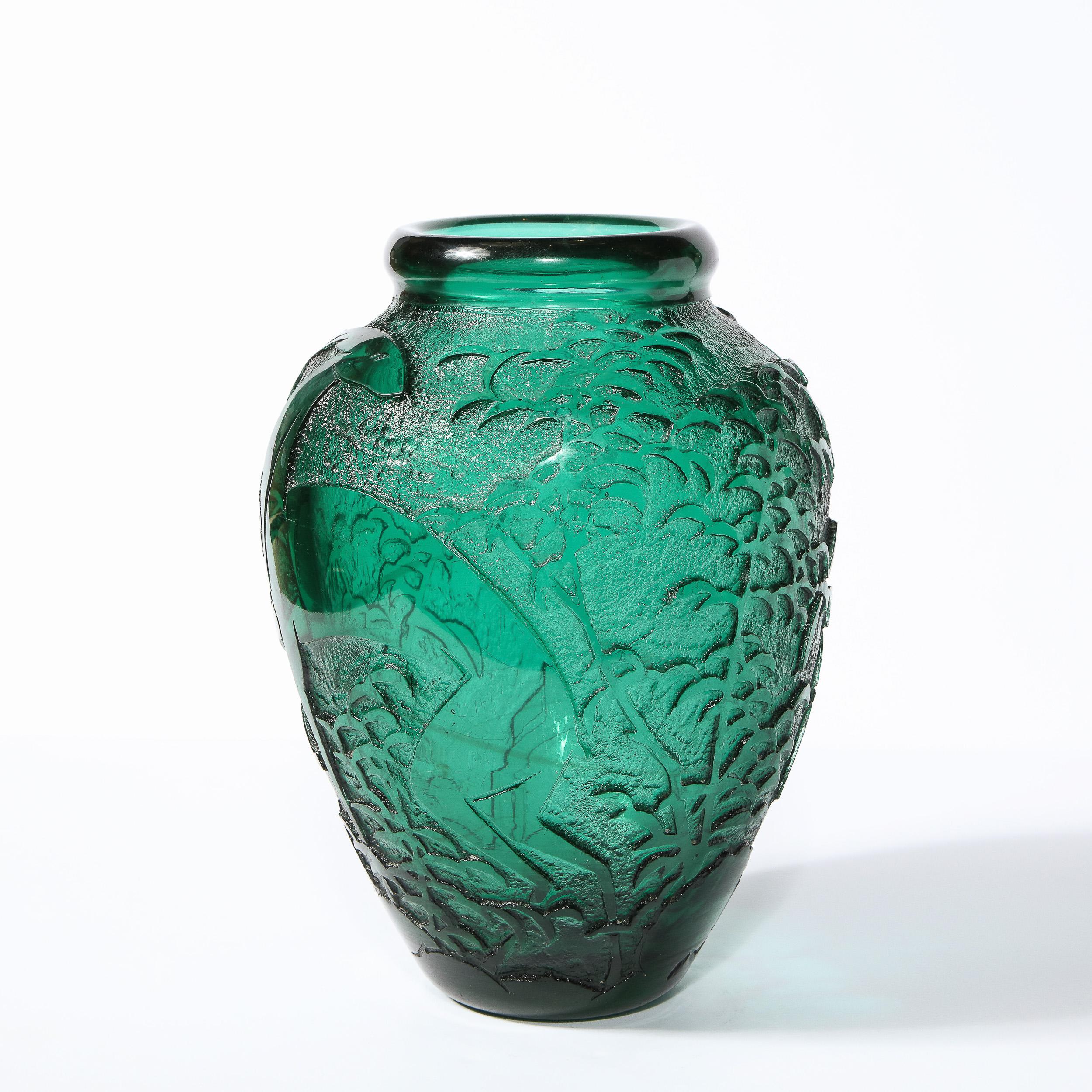 Art Deco Handblown Teal Vase w/ Stylized Ibis & Cloud Motifs Signed Daum Nancy 1