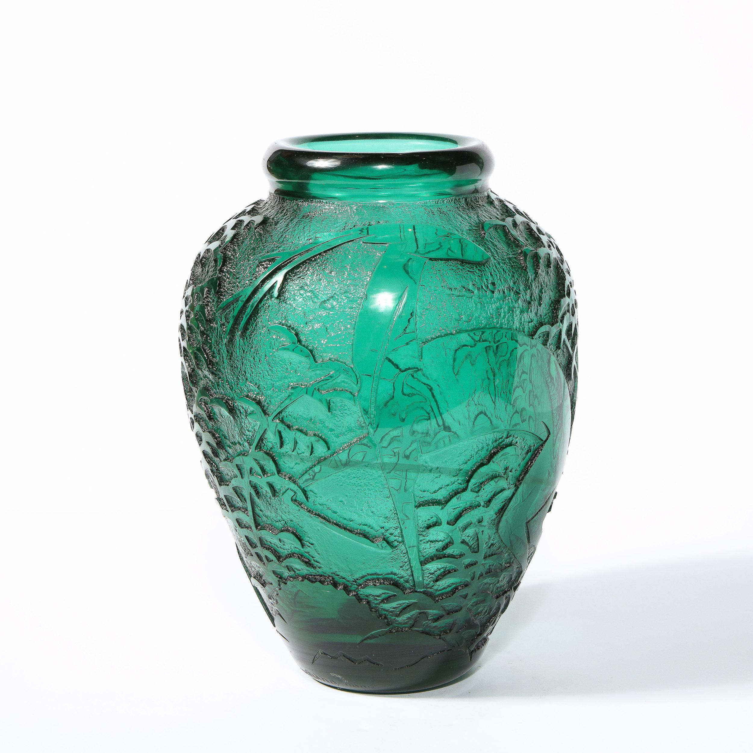 Art Deco Handblown Teal Vase w/ Stylized Ibis & Cloud Motifs Signed Daum Nancy 2