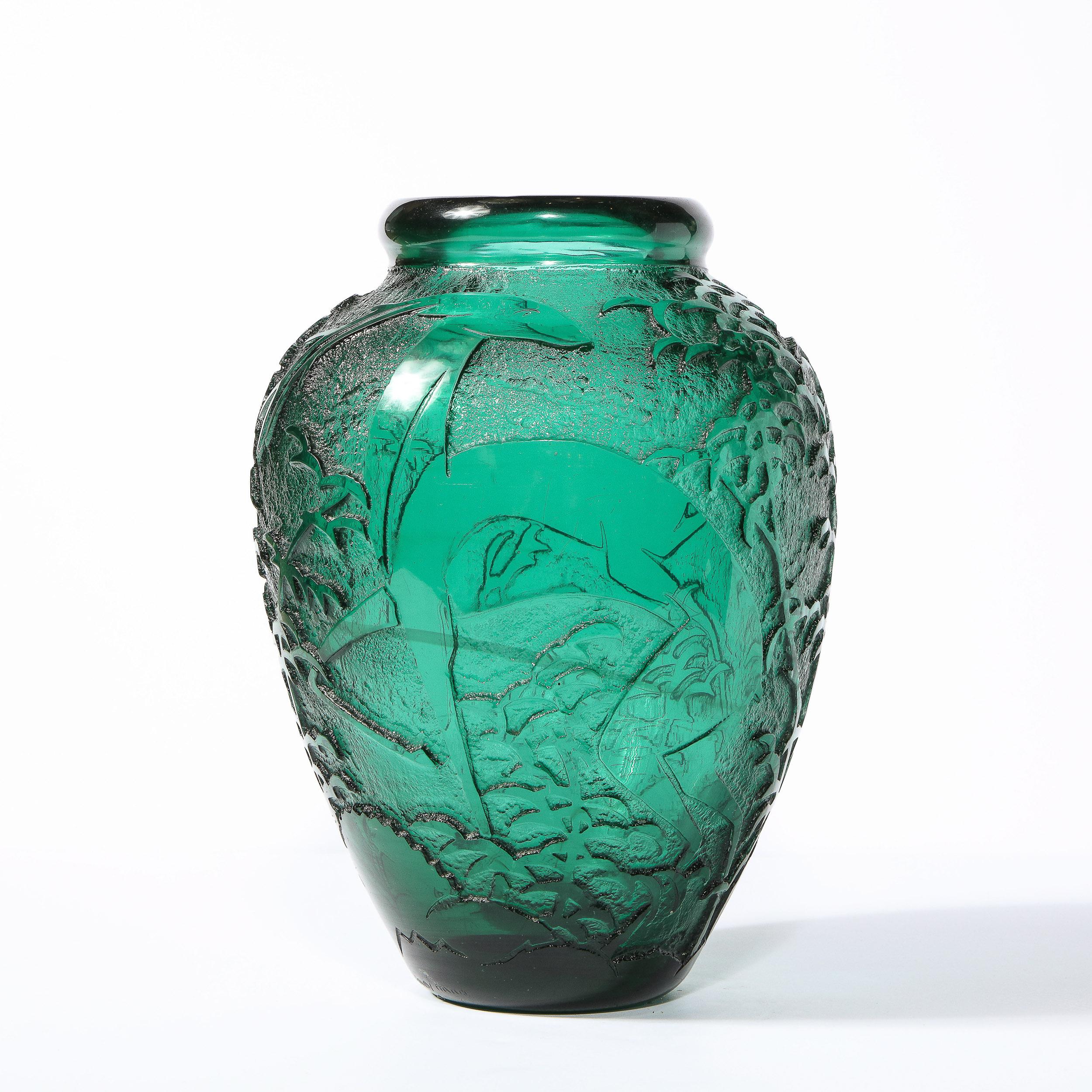 Art Deco Handblown Teal Vase w/ Stylized Ibis & Cloud Motifs Signed Daum Nancy 3