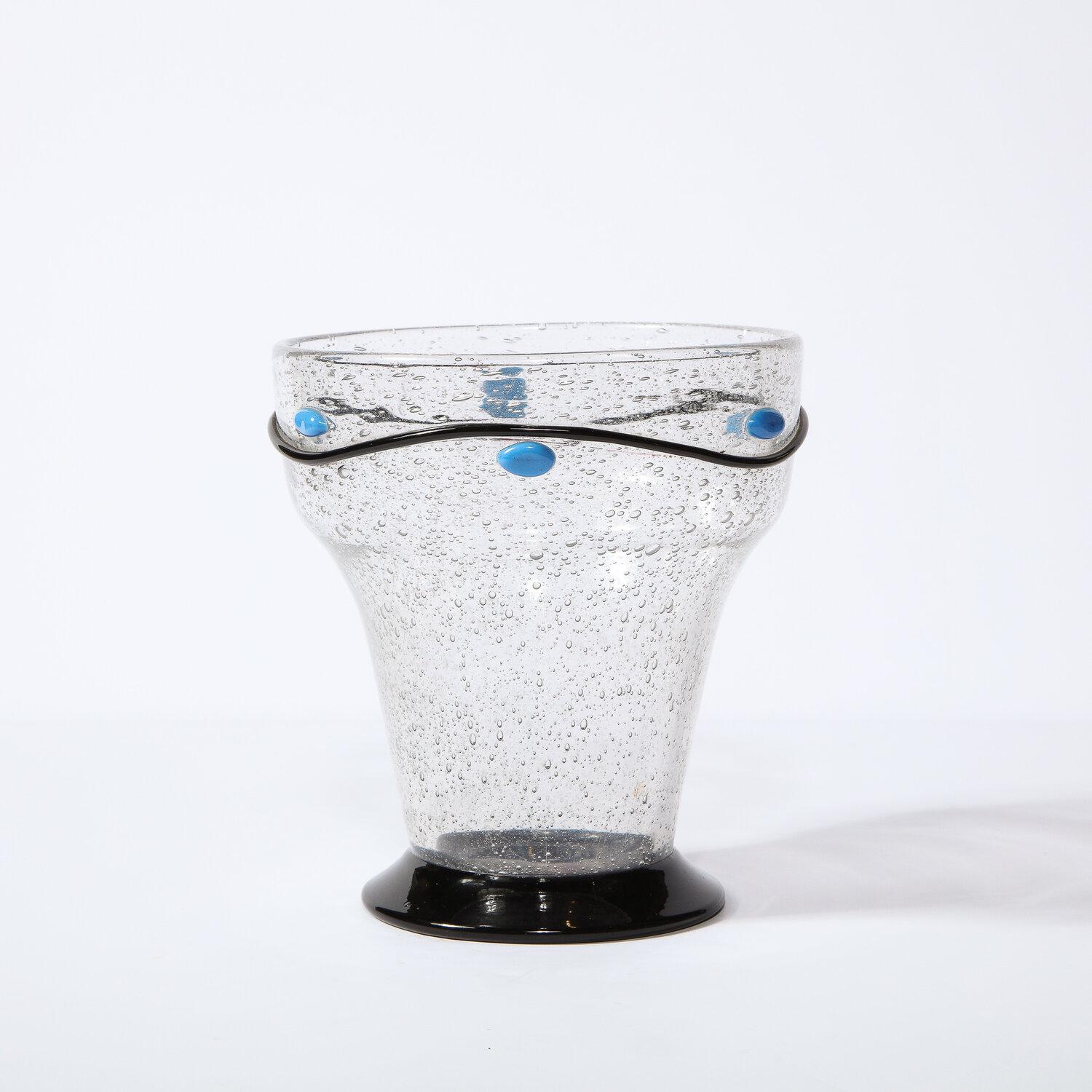 French Art Deco Handblown Vase w/ Blue Ovoid & Black Curvilinear Detailing Signed Daum For Sale