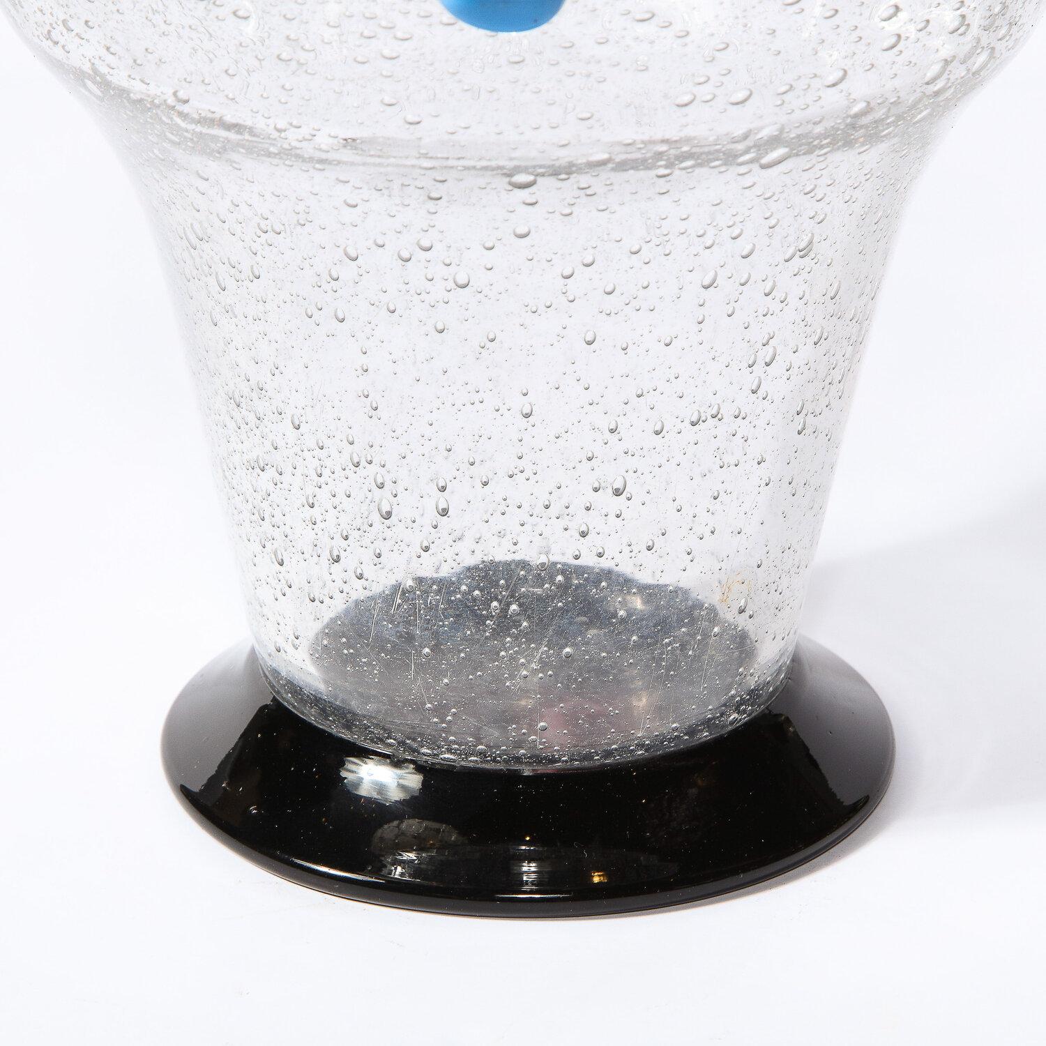 Early 20th Century Art Deco Handblown Vase w/ Blue Ovoid & Black Curvilinear Detailing Signed Daum For Sale
