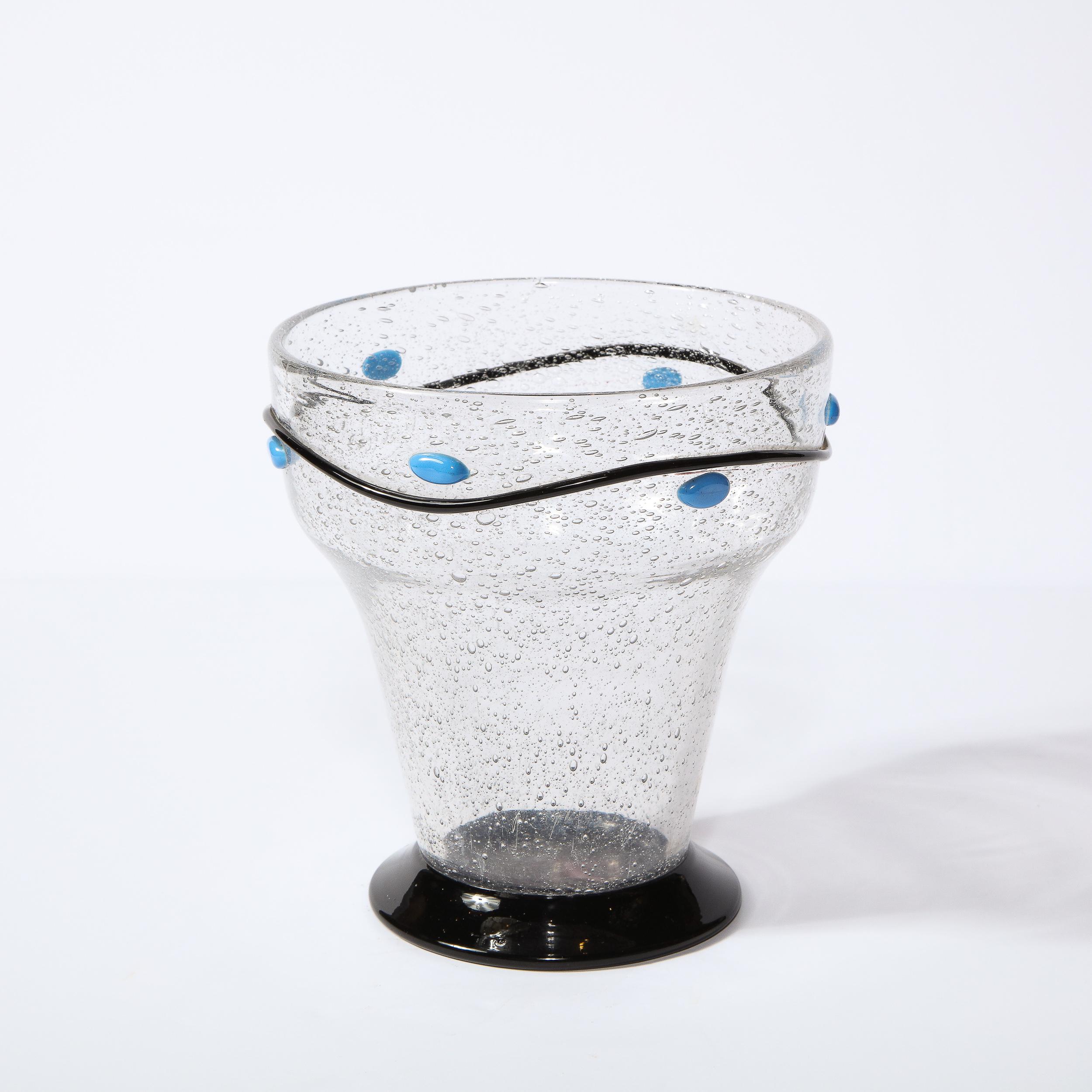 Art Glass Art Deco Handblown Vase w/ Blue Ovoid & Black Curvilinear Detailing Signed Daum