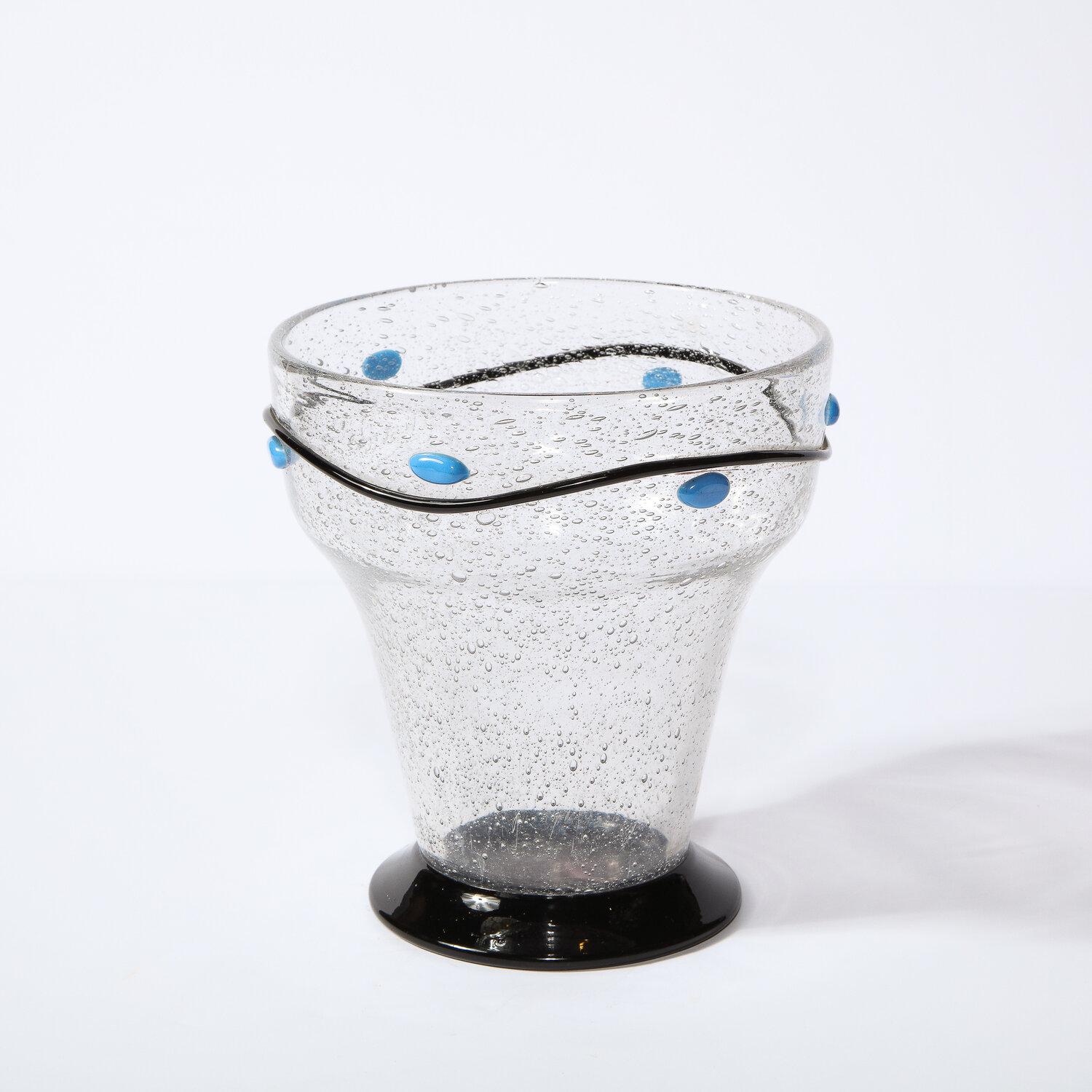 Art Glass Art Deco Handblown Vase w/ Blue Ovoid & Black Curvilinear Detailing Signed Daum For Sale