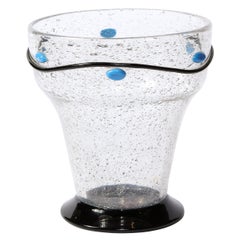 Art Deco Handblown Vase w/ Blue Ovoid & Black Curvilinear Detailing Signed Daum
