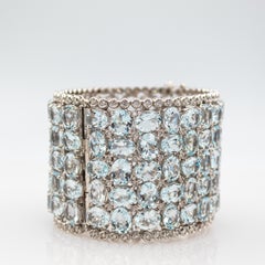 Art Deco Handcrafted White Brilliant Cut Diamond Aquamarine White Gold Bracelet
