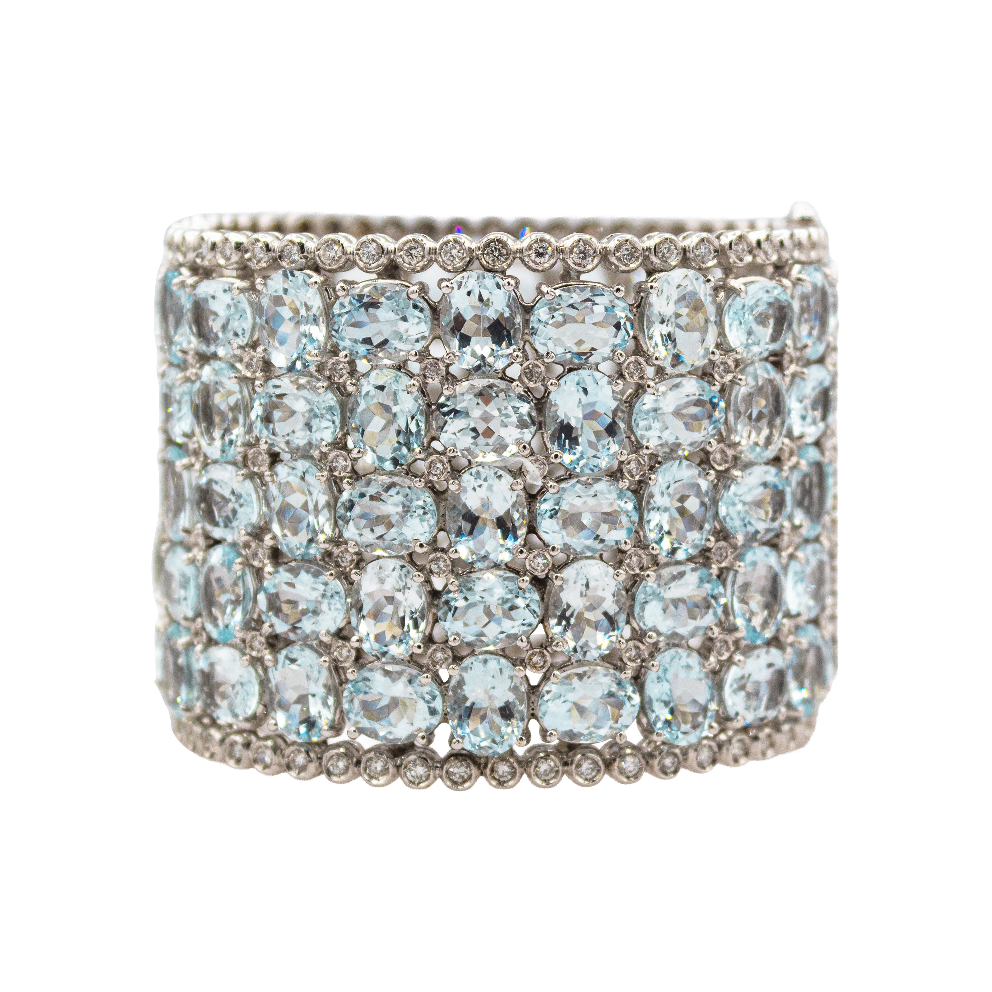 Art Deco Handcrafted White Brilliant Cut Diamond Aquamarine White Gold Bracelet